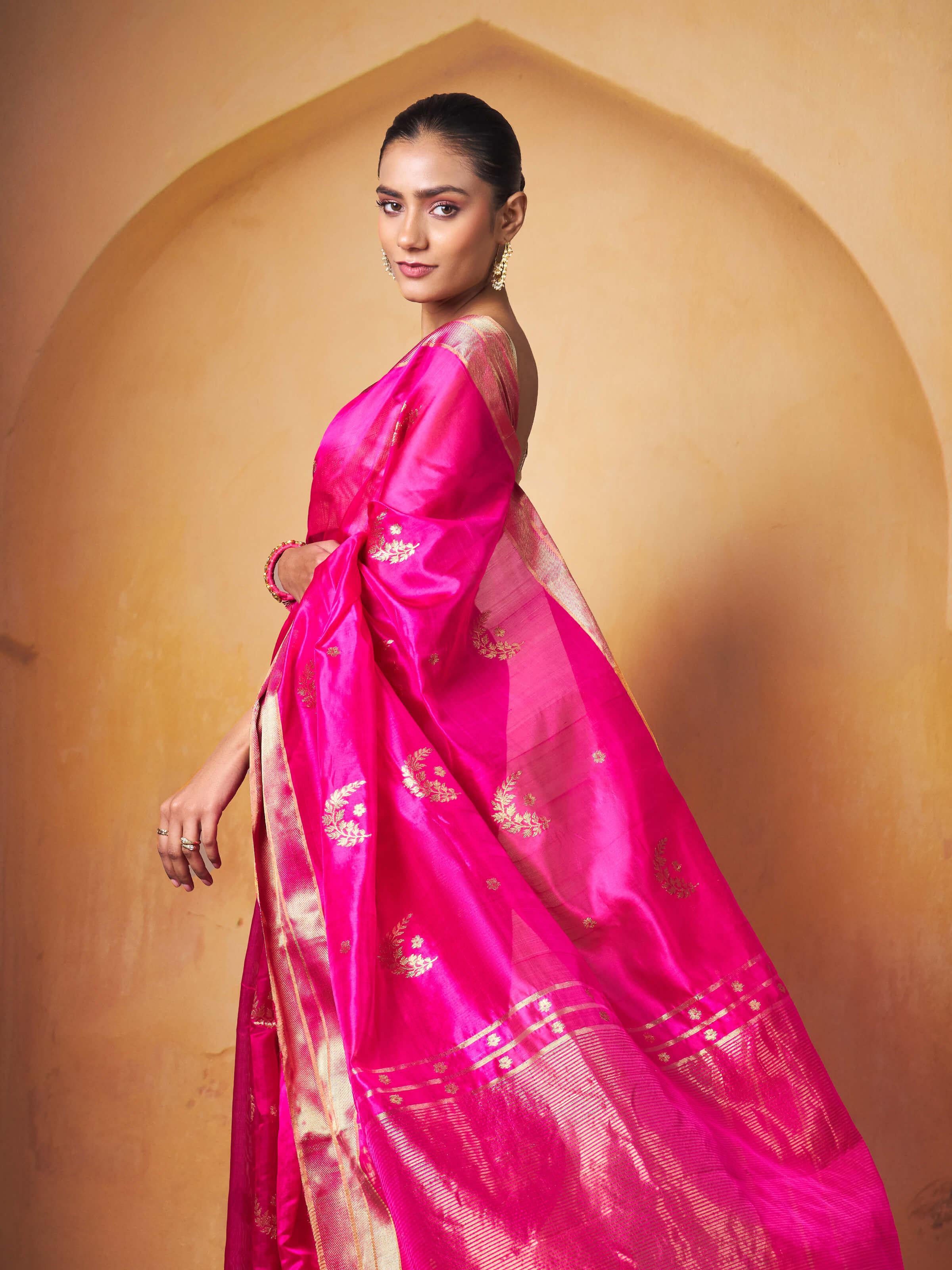Angle view of Mulberry Silk Chanderi Saree emphasizing its craftsmanship and luxurious texture