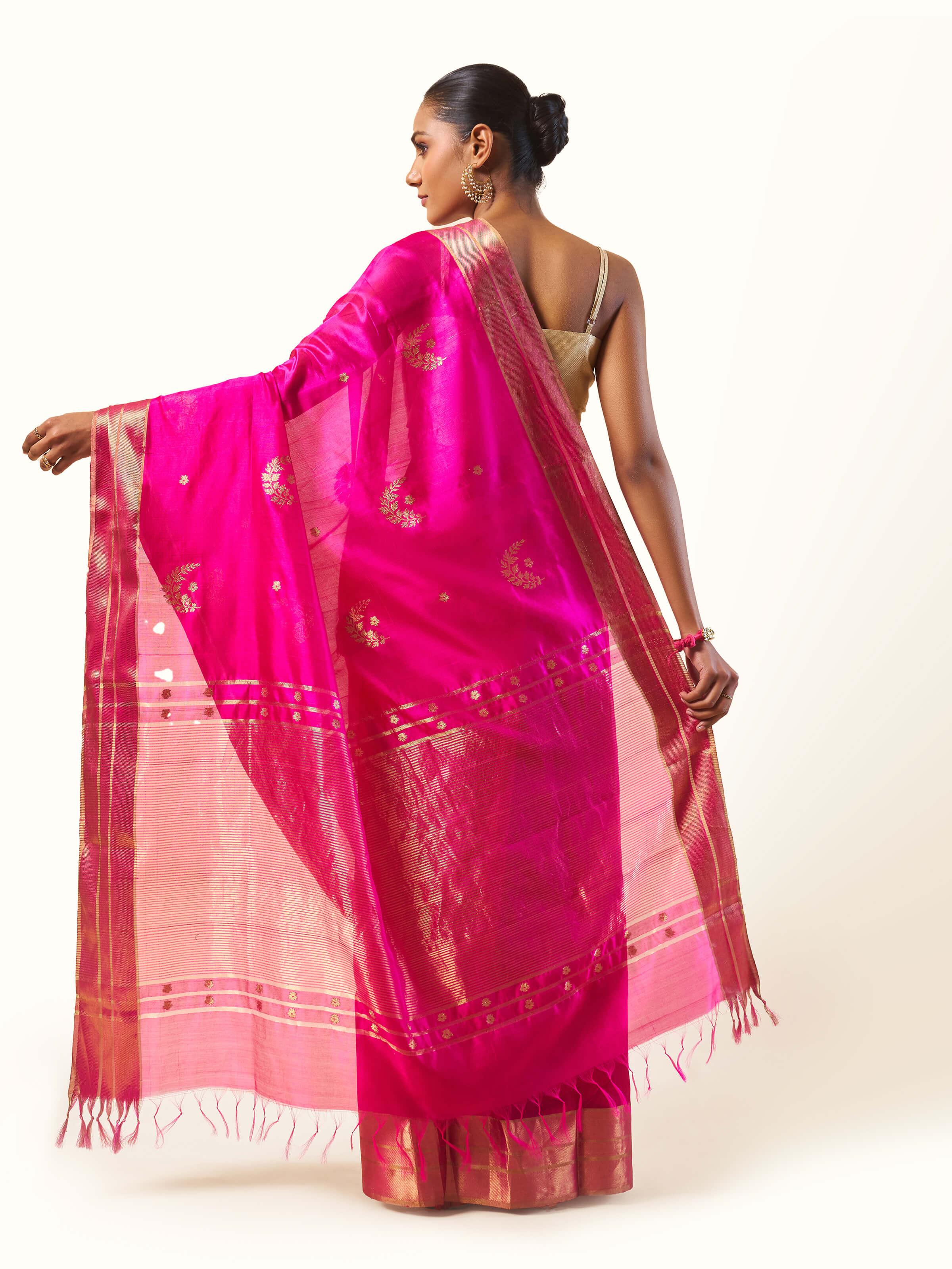 Bottom view of Mulberry Silk Chanderi Saree highlighting its intricate patterns and luxurious silk fabric