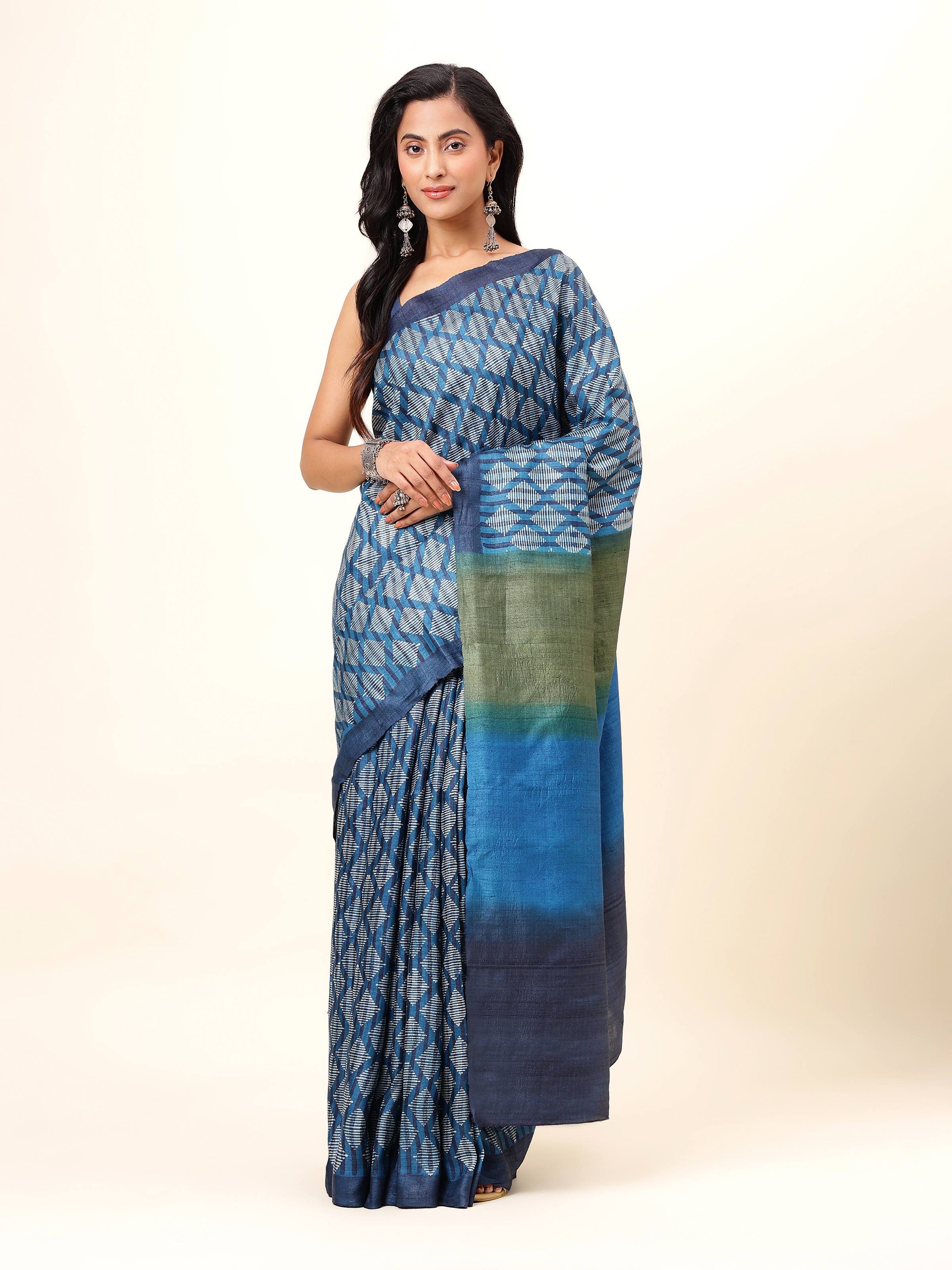 Teal Tussar Silk Discharge Block Printed Saree