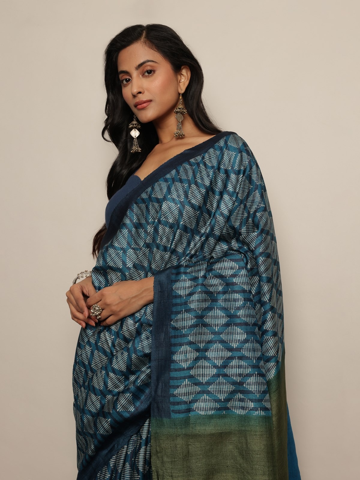 Teal Tussar Silk Discharge Block Printed Saree
