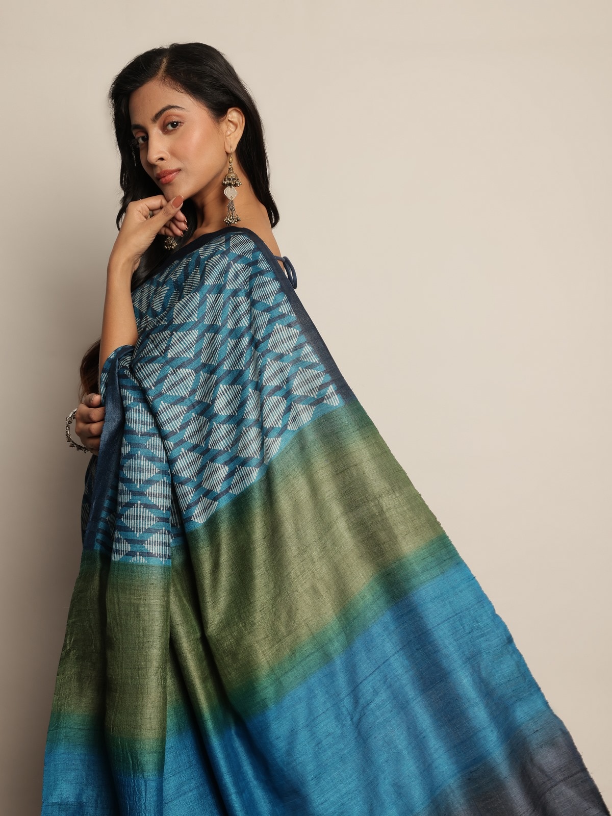 Teal Tussar Silk Discharge Block Printed Saree