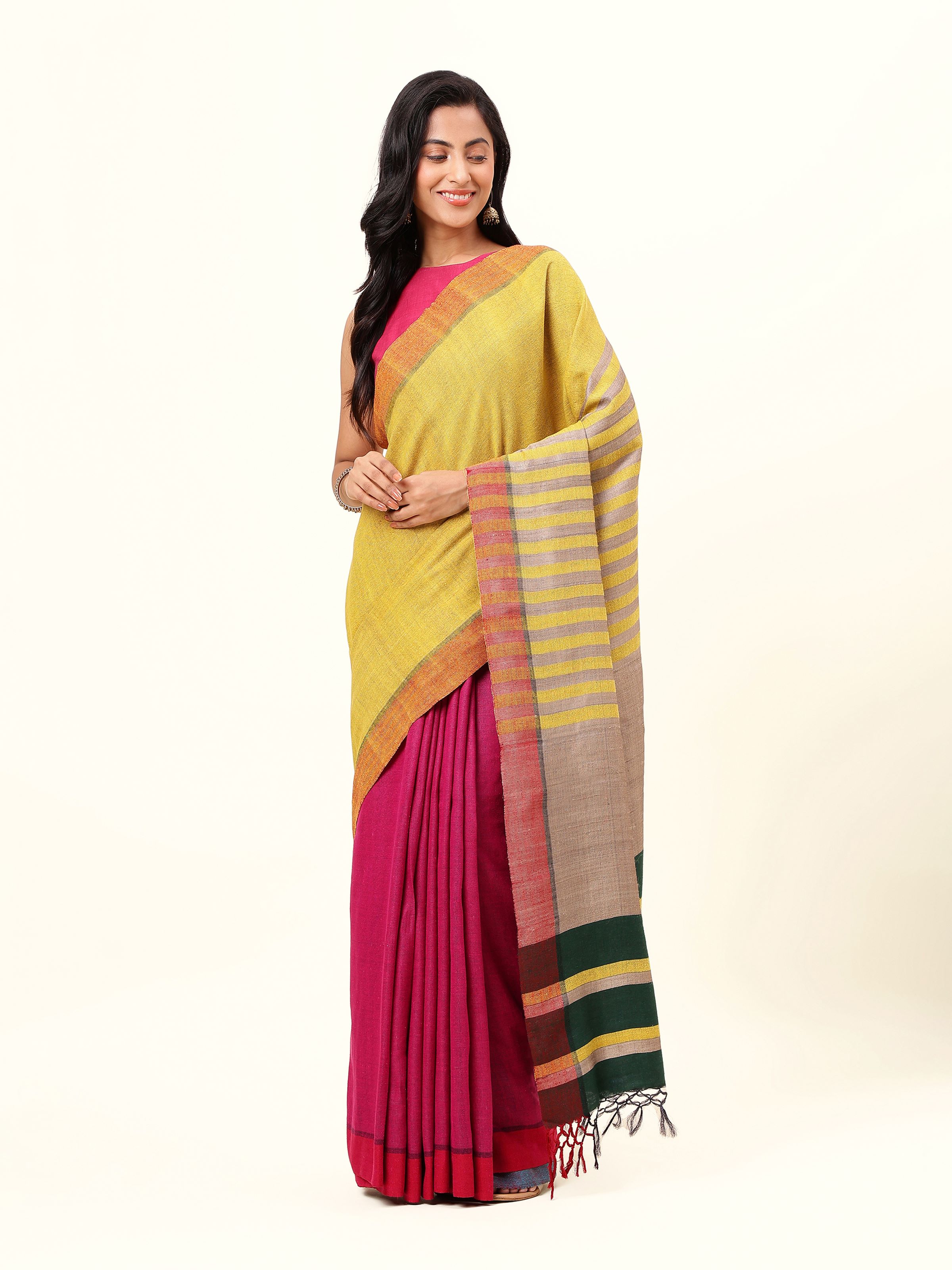 Yellow Tussar Silk Handloom Saree