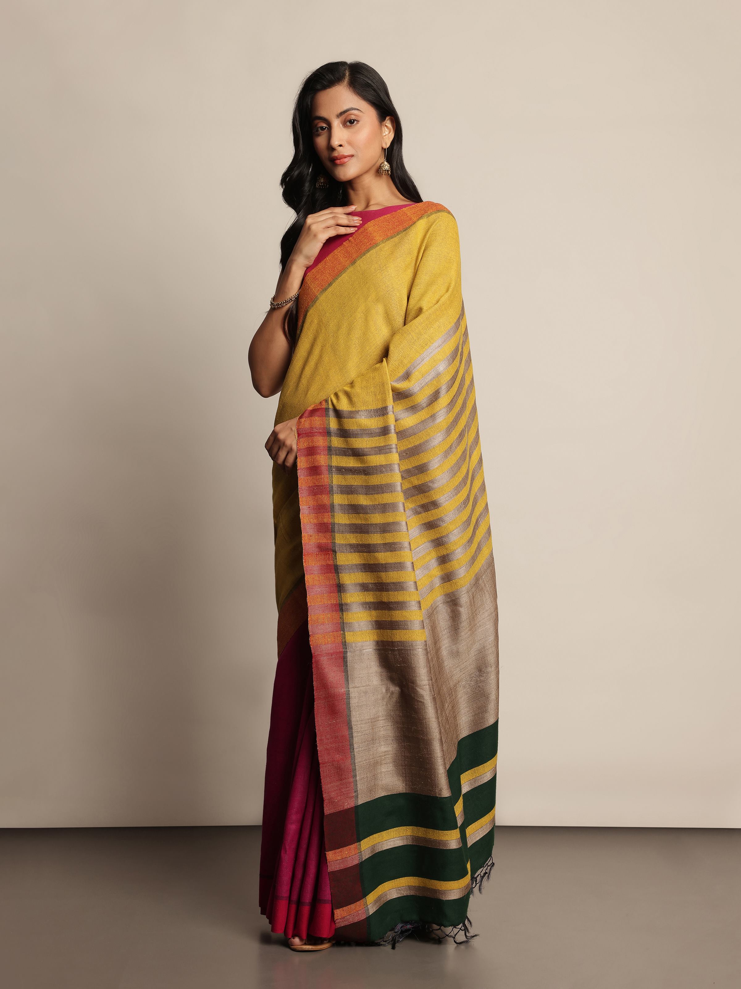 Yellow Tussar Silk Handloom Saree