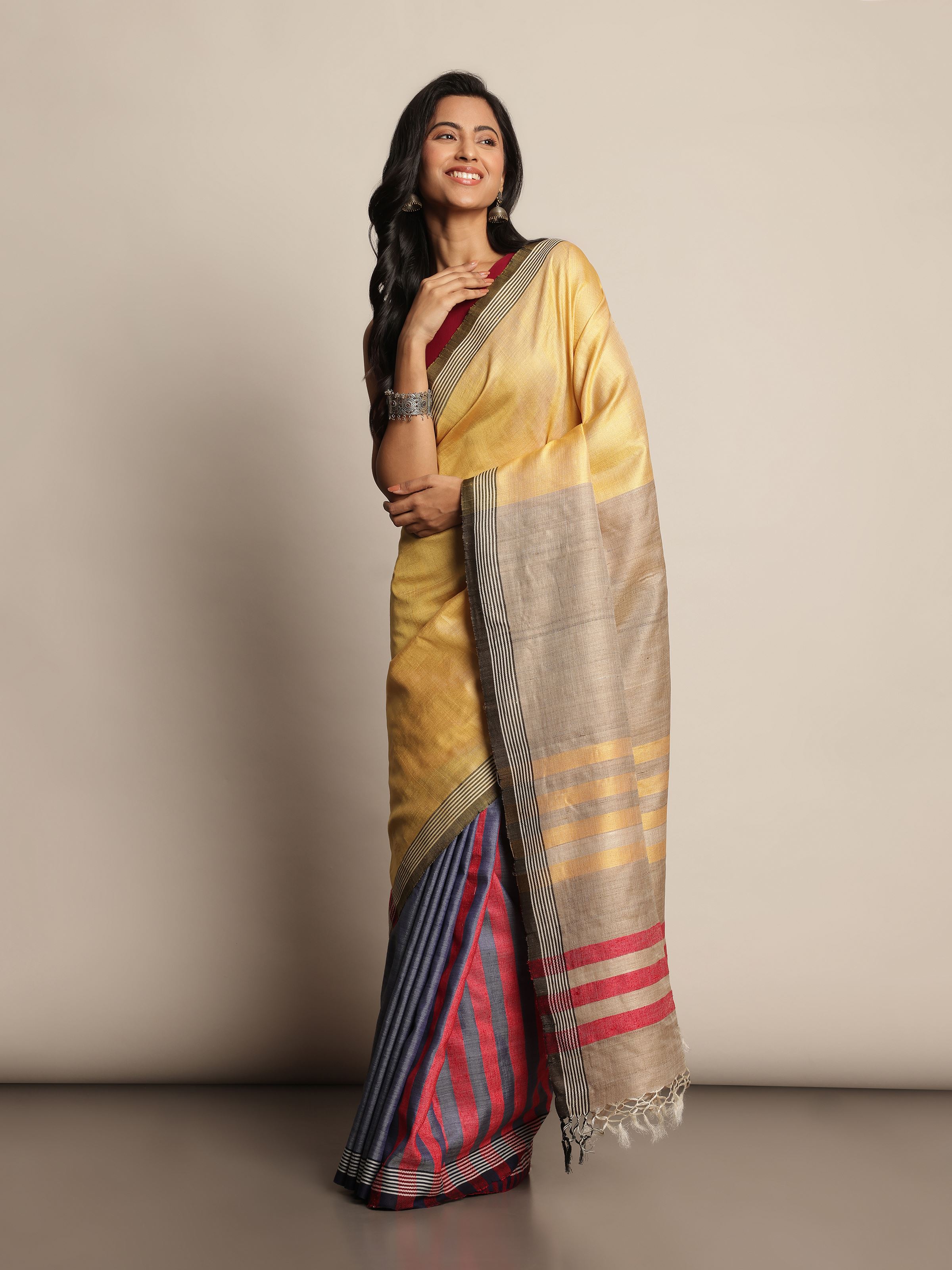 Yellow Tussar Silk Handloom Saree