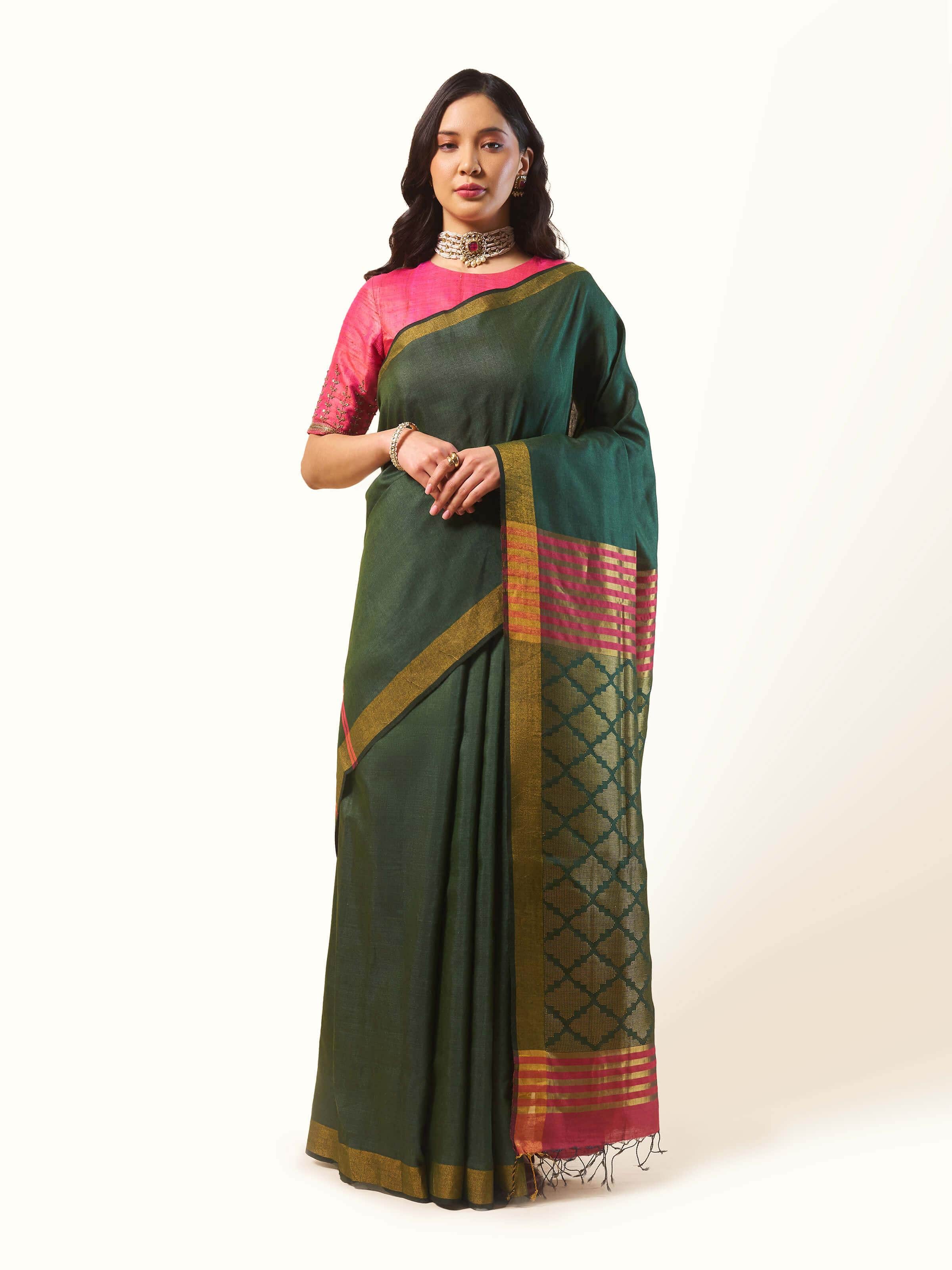 Front view of Green Eri Silk Extra-weft Saree with subtle sheen and traditional motifs