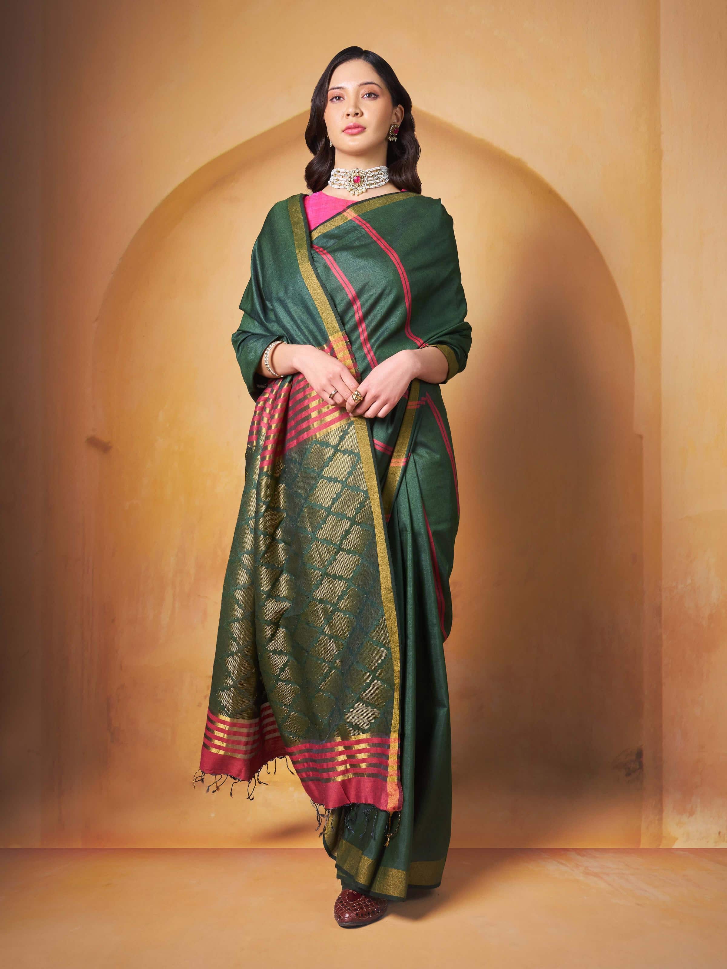 Lifestyle shot of Green Eri Silk Extra-weft Saree draped gracefully