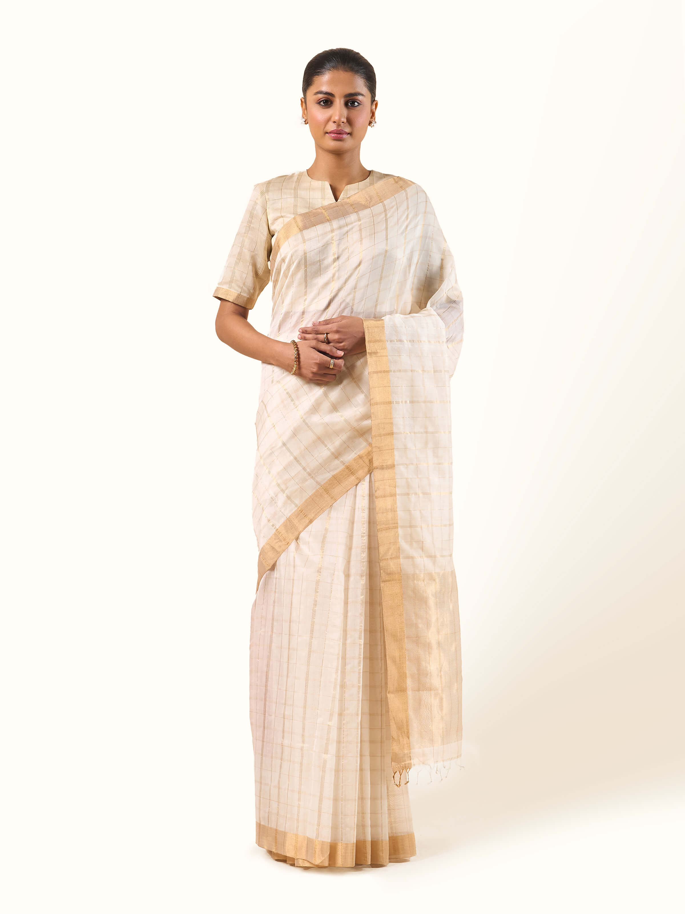 Front view of Off-white Cotton Silk Chanderi Saree featuring soft off-white cotton silk with subtle sheen