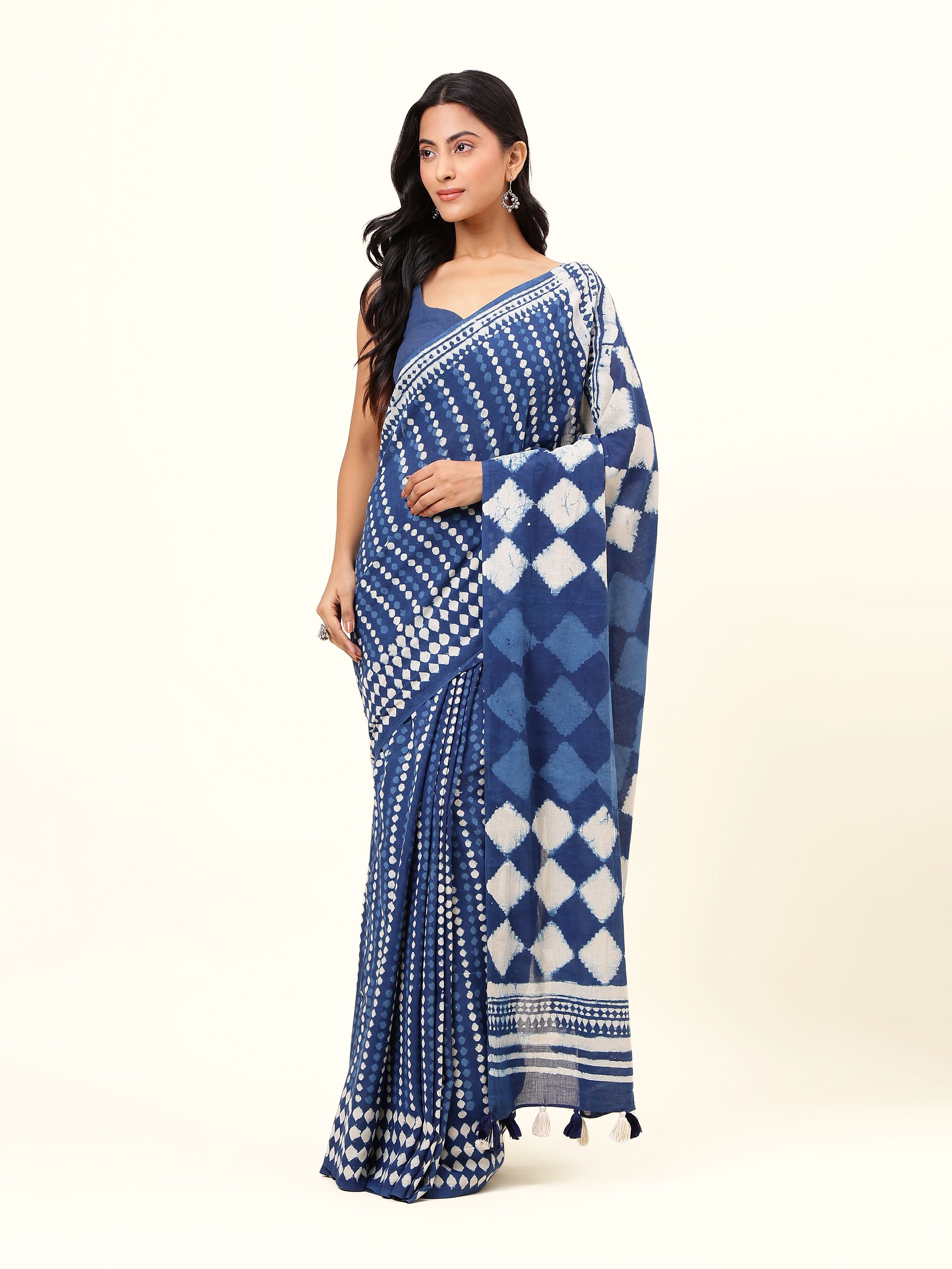 Front view of Indigo Cotton Dabu Block Printed Saree featuring traditional indigo dye and hand block print patterns.
