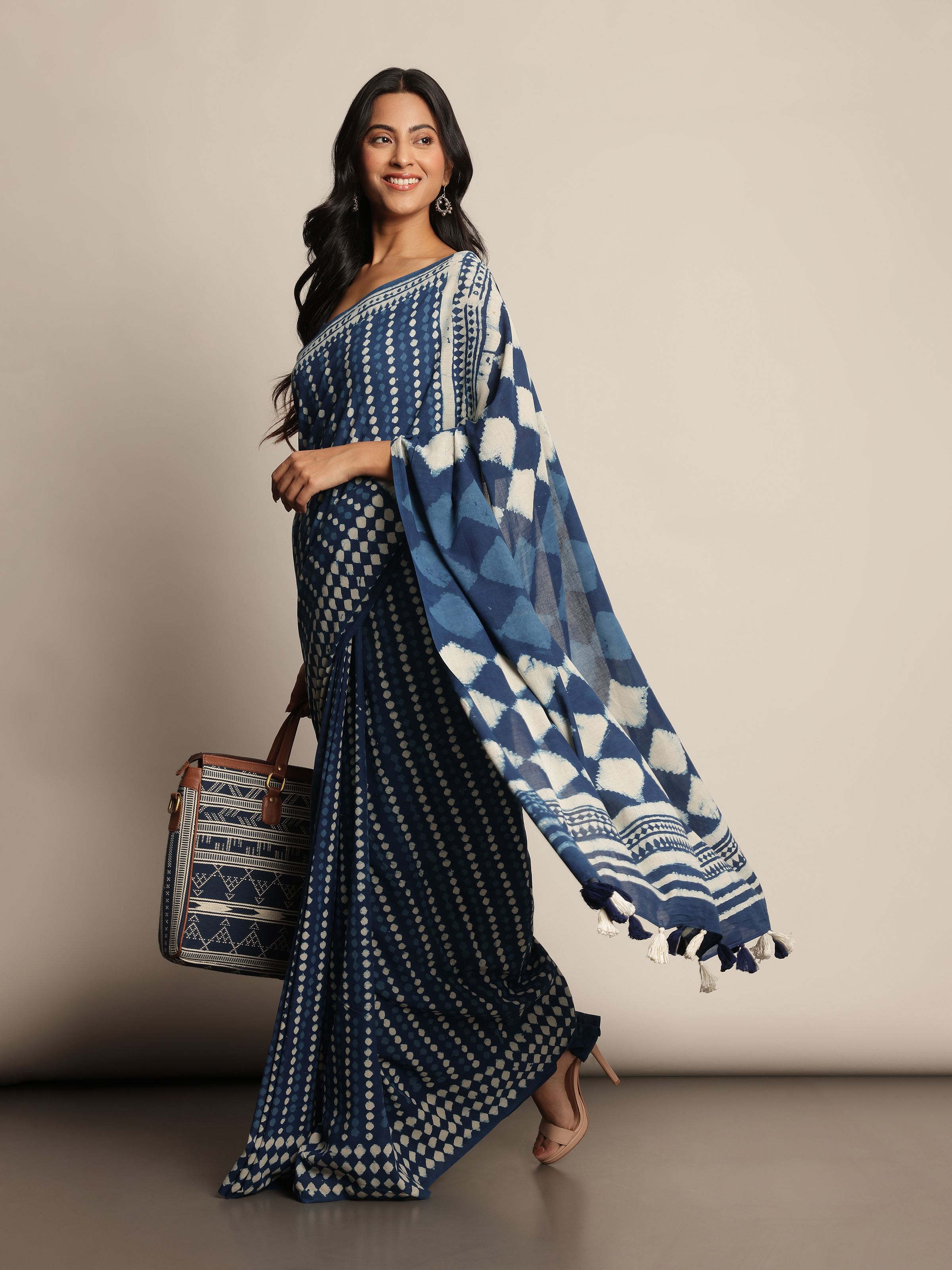 Lifestyle view of Indigo Cotton Dabu Block Printed Saree worn casually, showcasing soft cotton fabric and artisanal print.