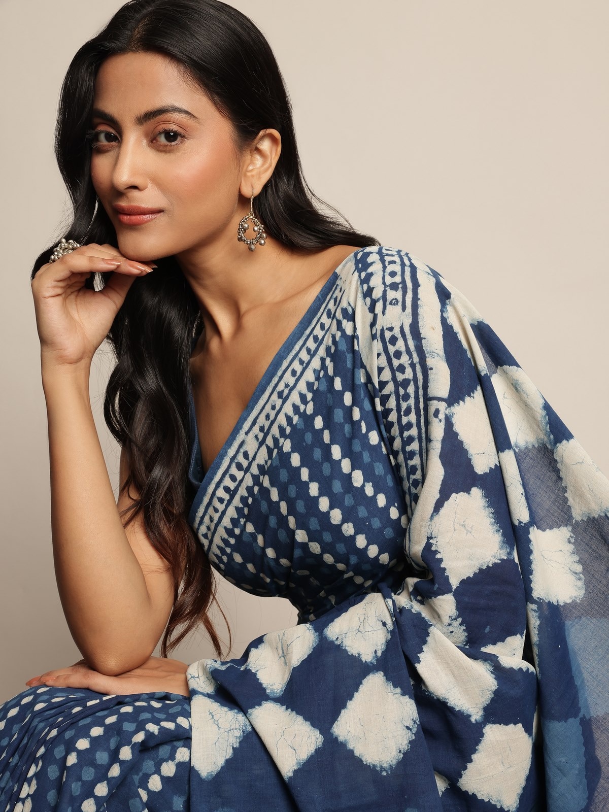 Close-up detail of Indigo Cotton Dabu Block Printed Saree focusing on handcrafted block print texture.