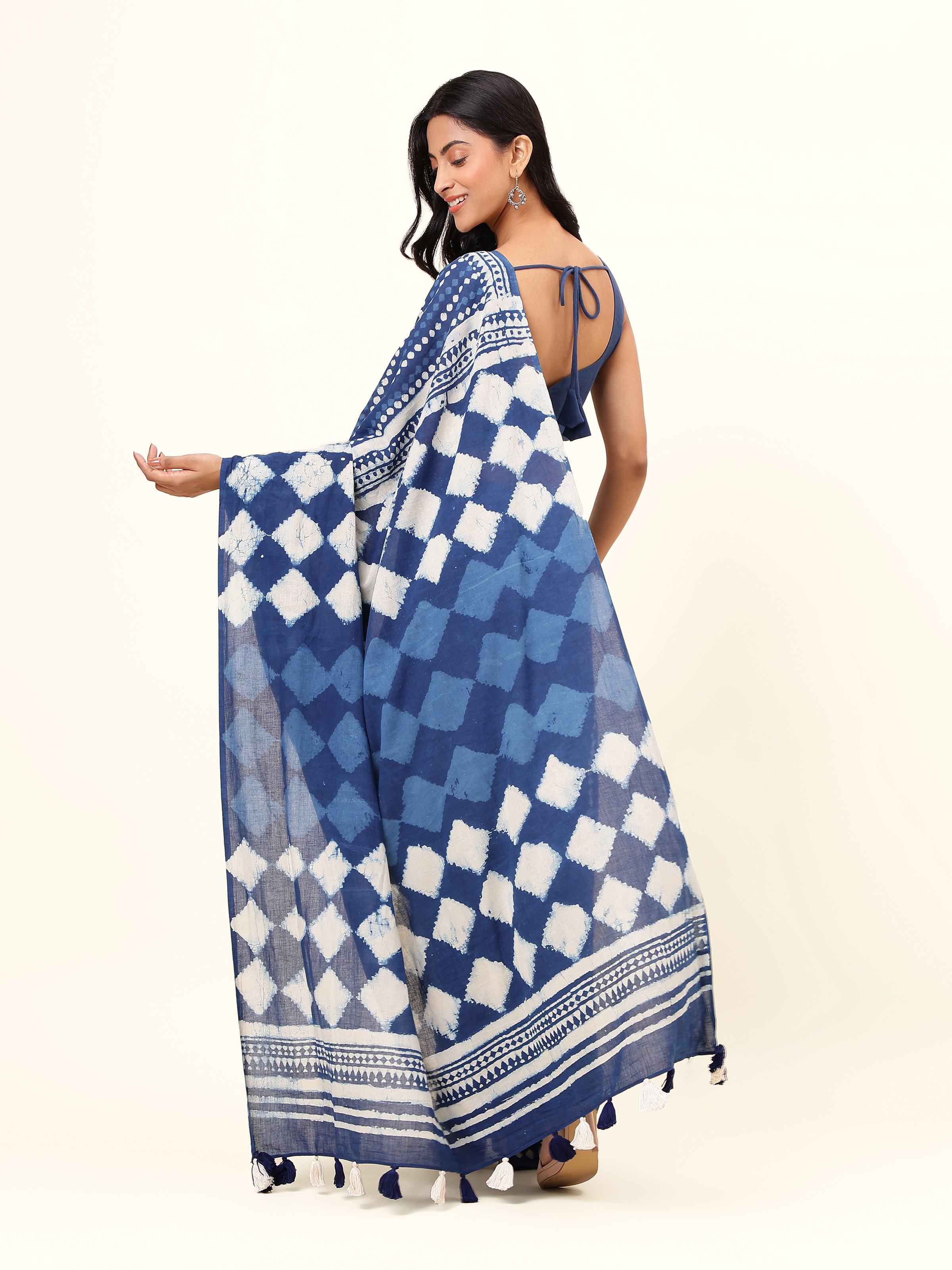 Side view of Indigo Cotton Dabu Block Printed Saree showing fabric fall and print continuity.
