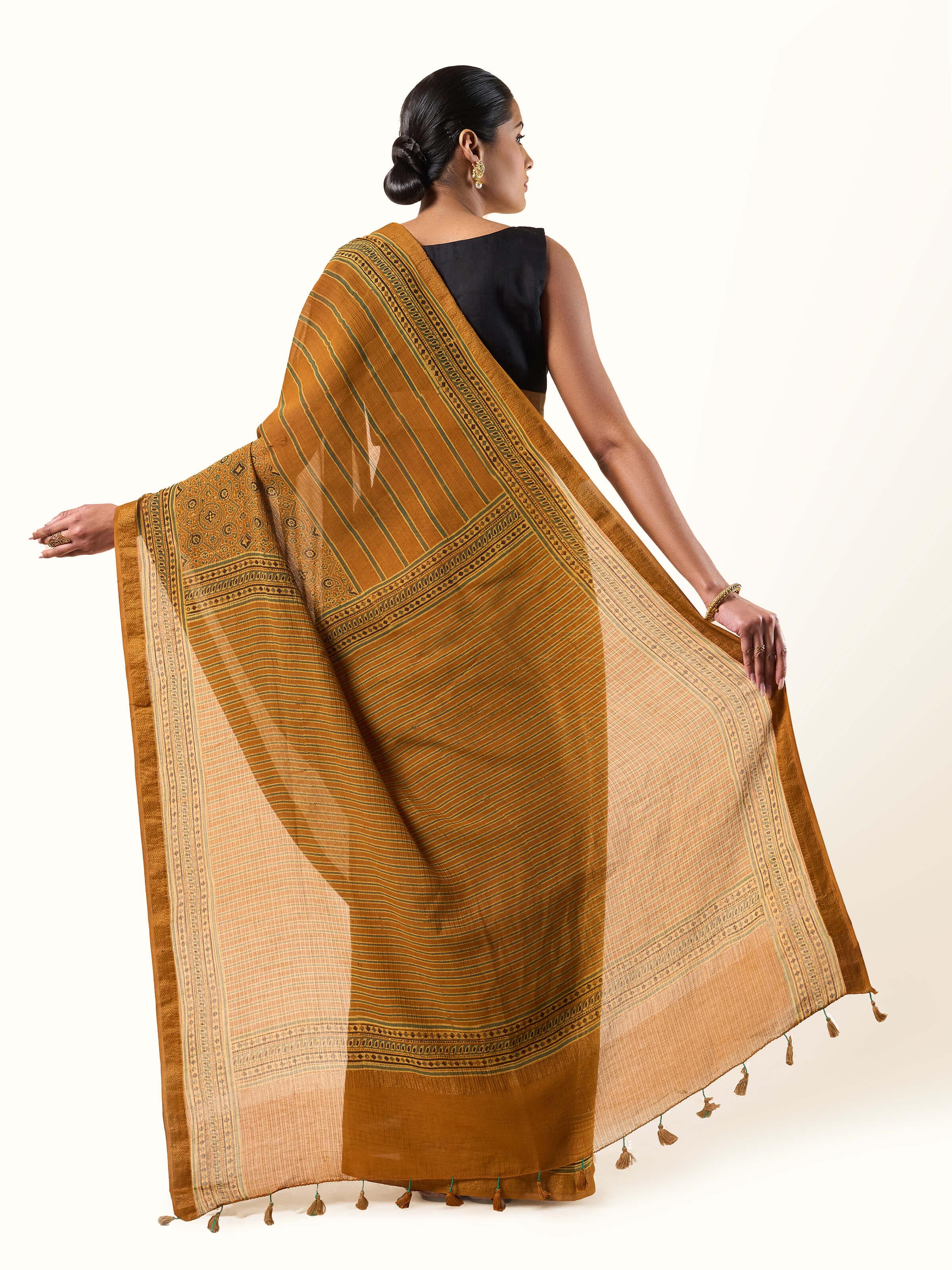 Bottom view of Maheshwari Ajrakh Block Printed Saree highlighting the fine fabric and traditional Ajrakh motifs