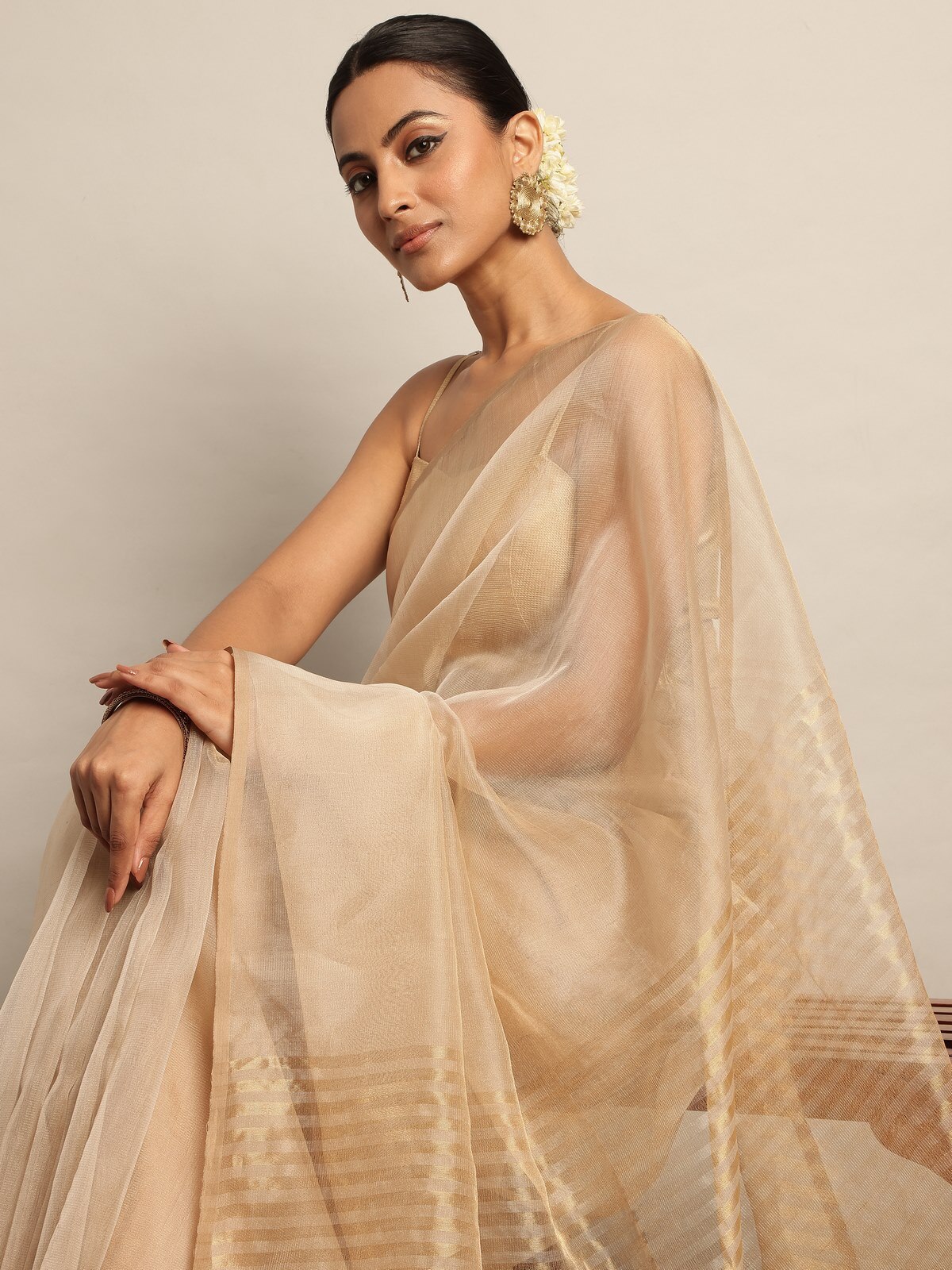 Beige Gossamer & Cotton Silk Saree