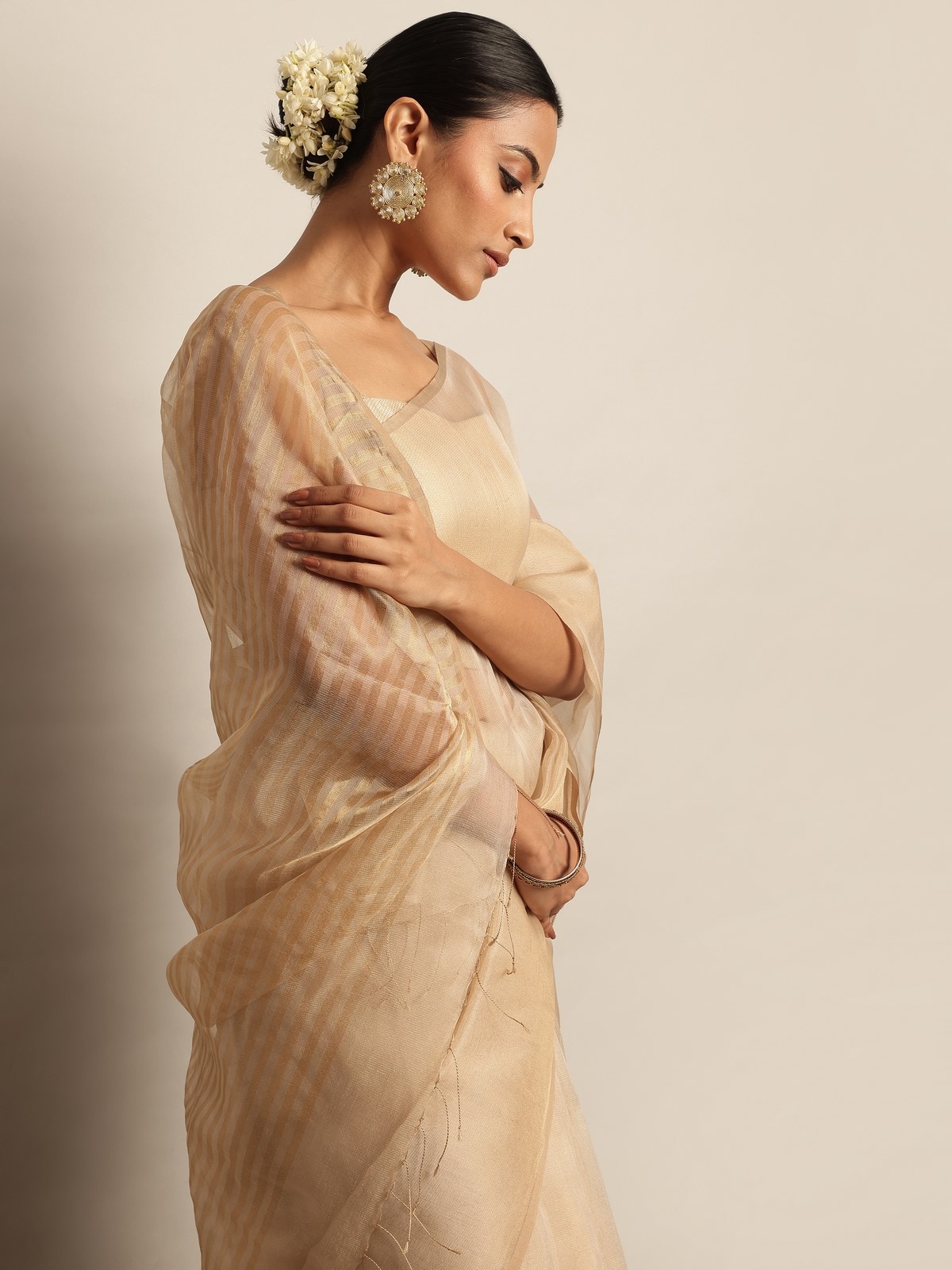 Beige Gossamer & Cotton Silk Saree