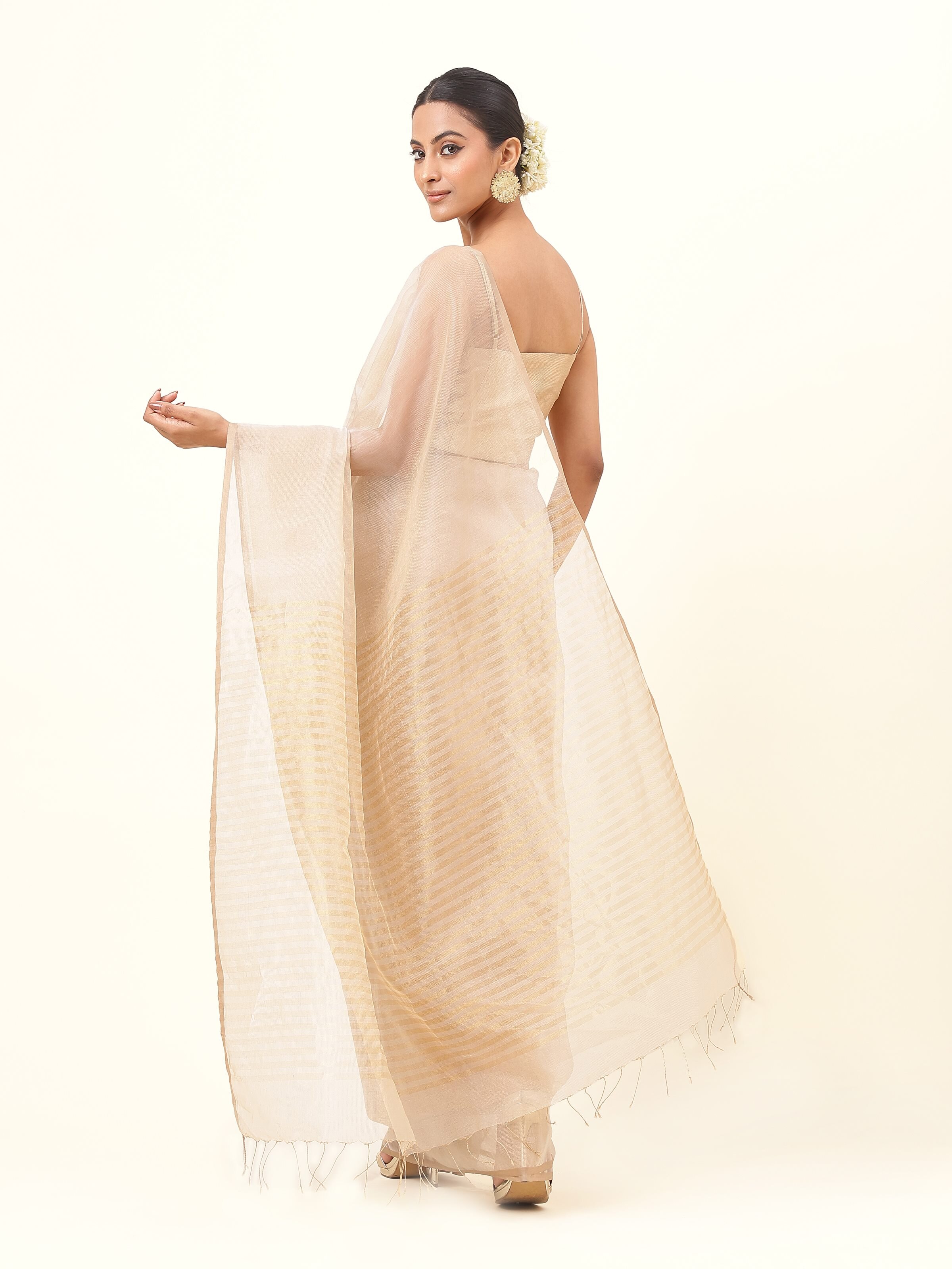 Beige Gossamer & Cotton Silk Saree