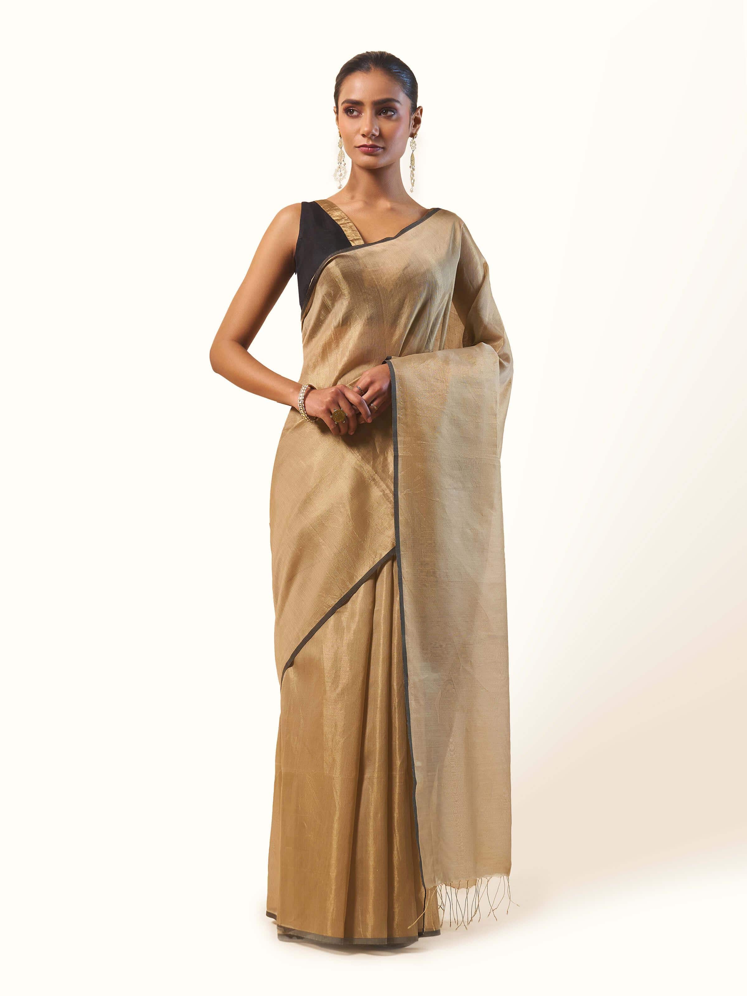 Beige & Black Border Gossamer & Cotton Silk Saree