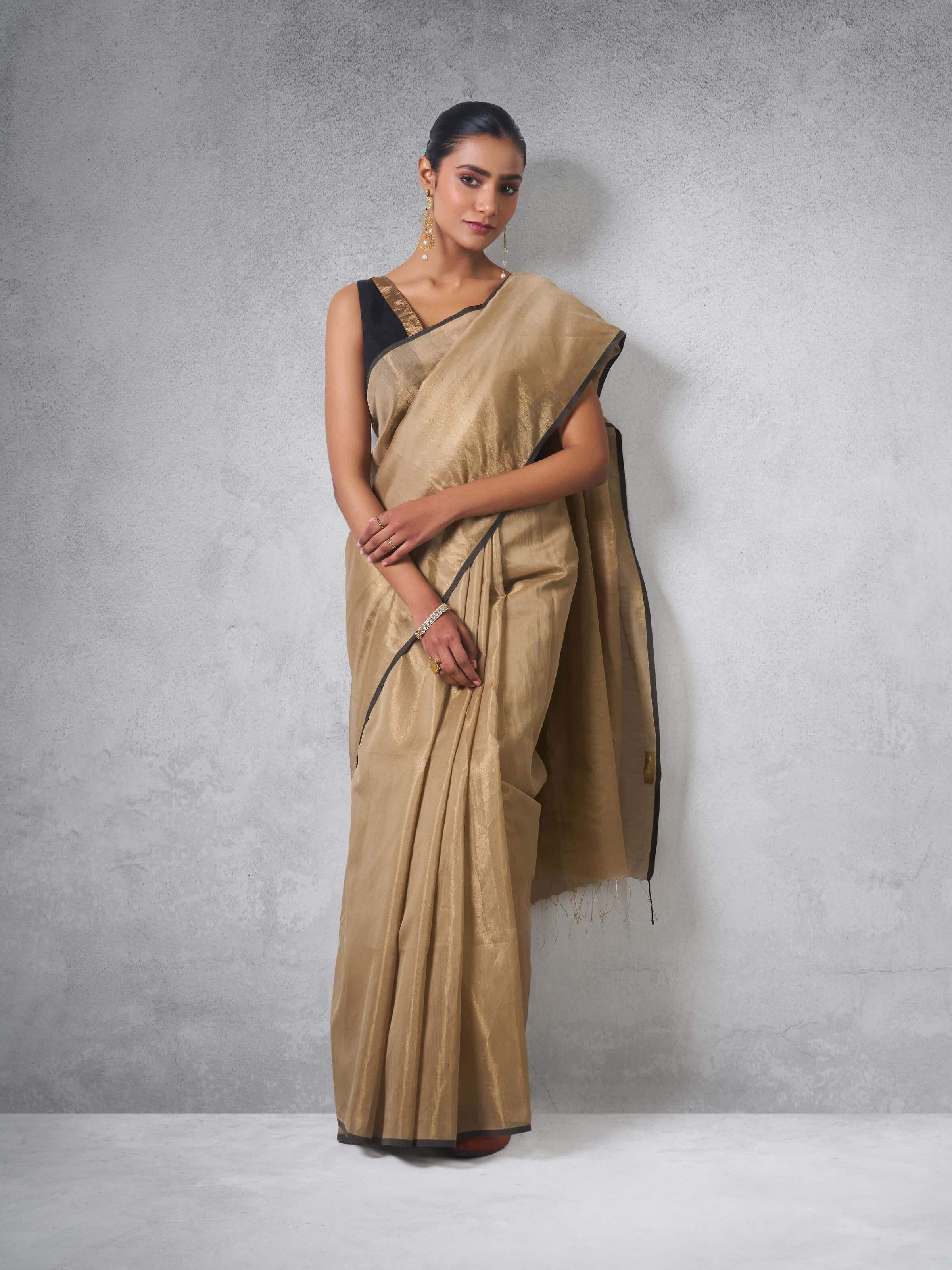 Beige & Black Border Gossamer & Cotton Silk Saree