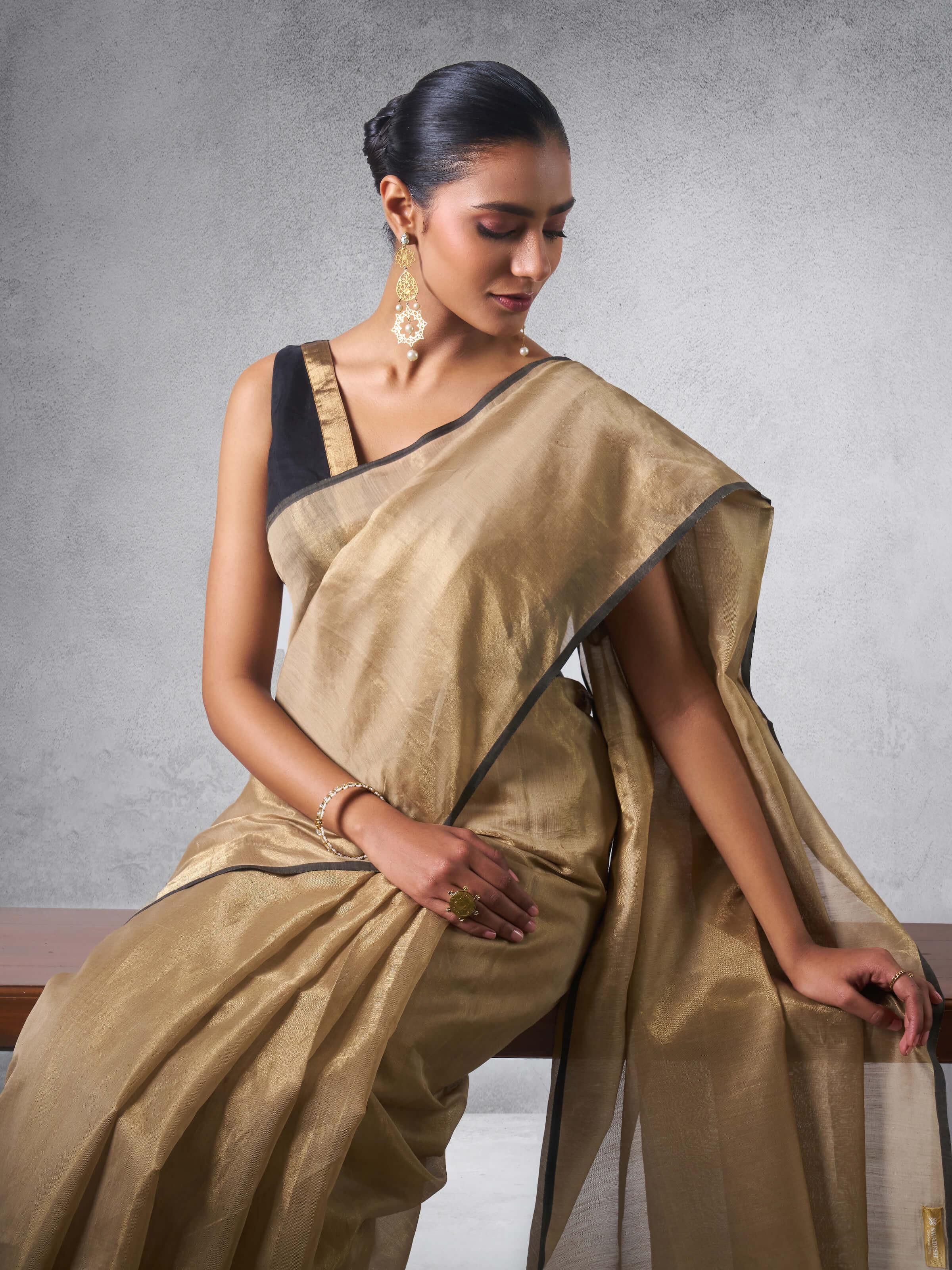 Beige & Black Border Gossamer & Cotton Silk Saree