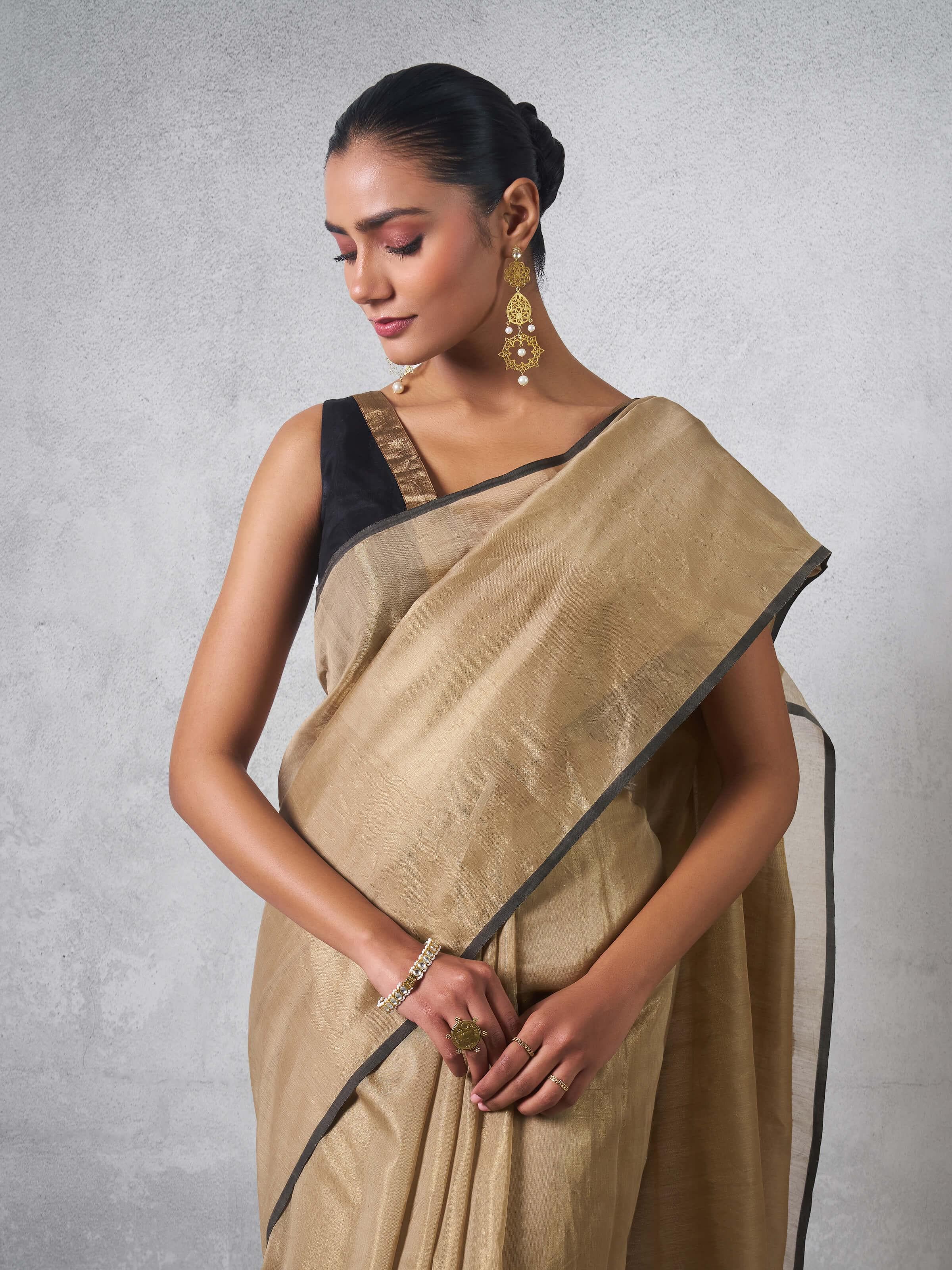 Beige & Black Border Gossamer & Cotton Silk Saree