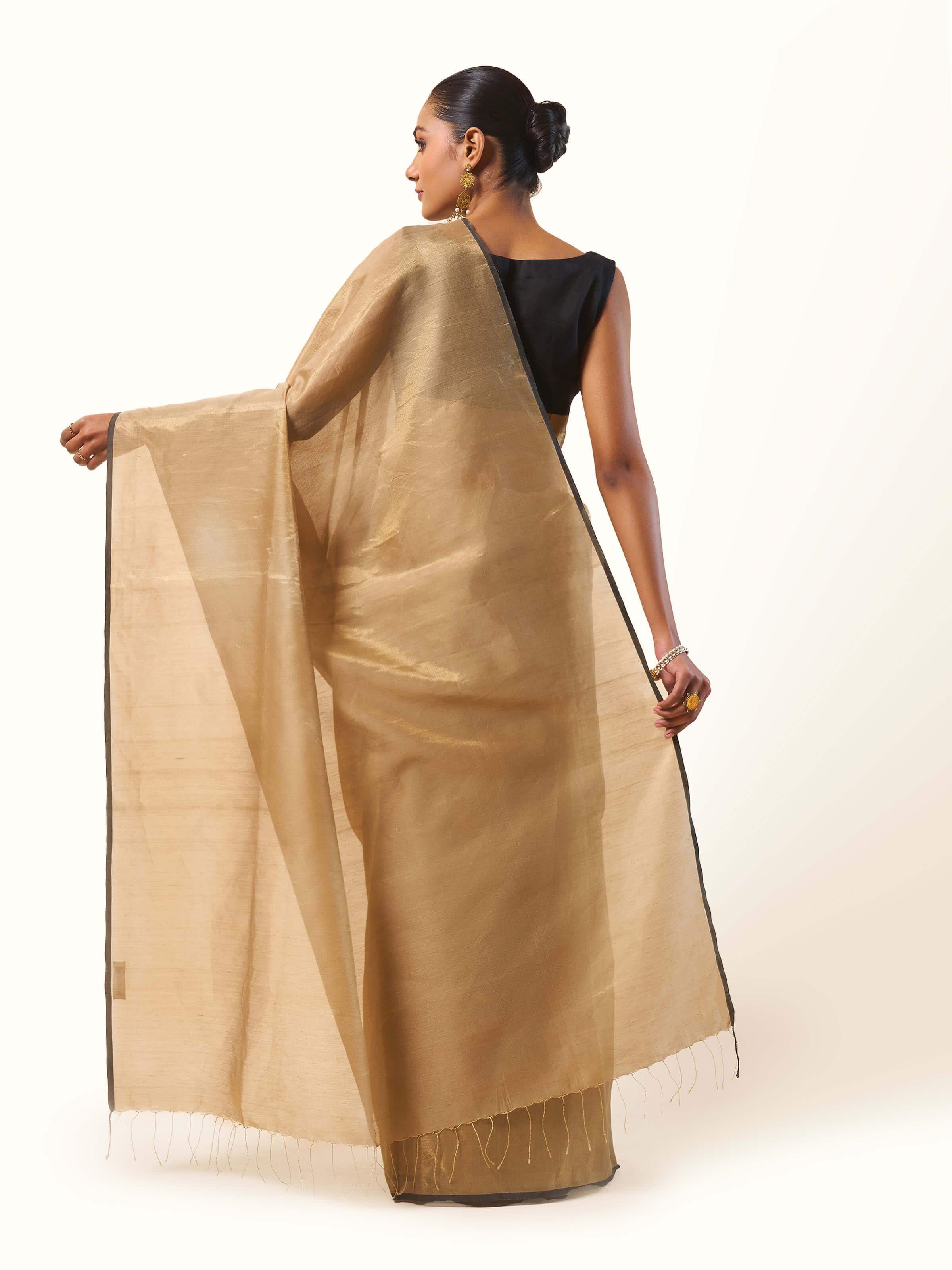 Beige & Black Border Gossamer & Cotton Silk Saree