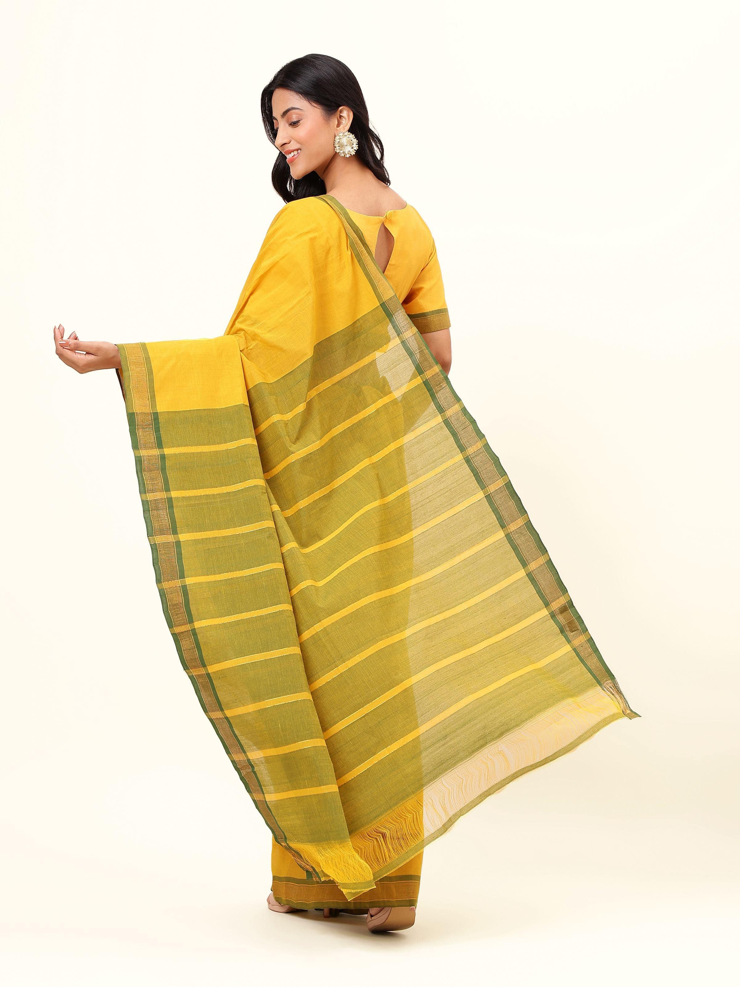 Front view of Mustard Cotton Mangalgiri Saree with rich mustard hue and handwoven details.