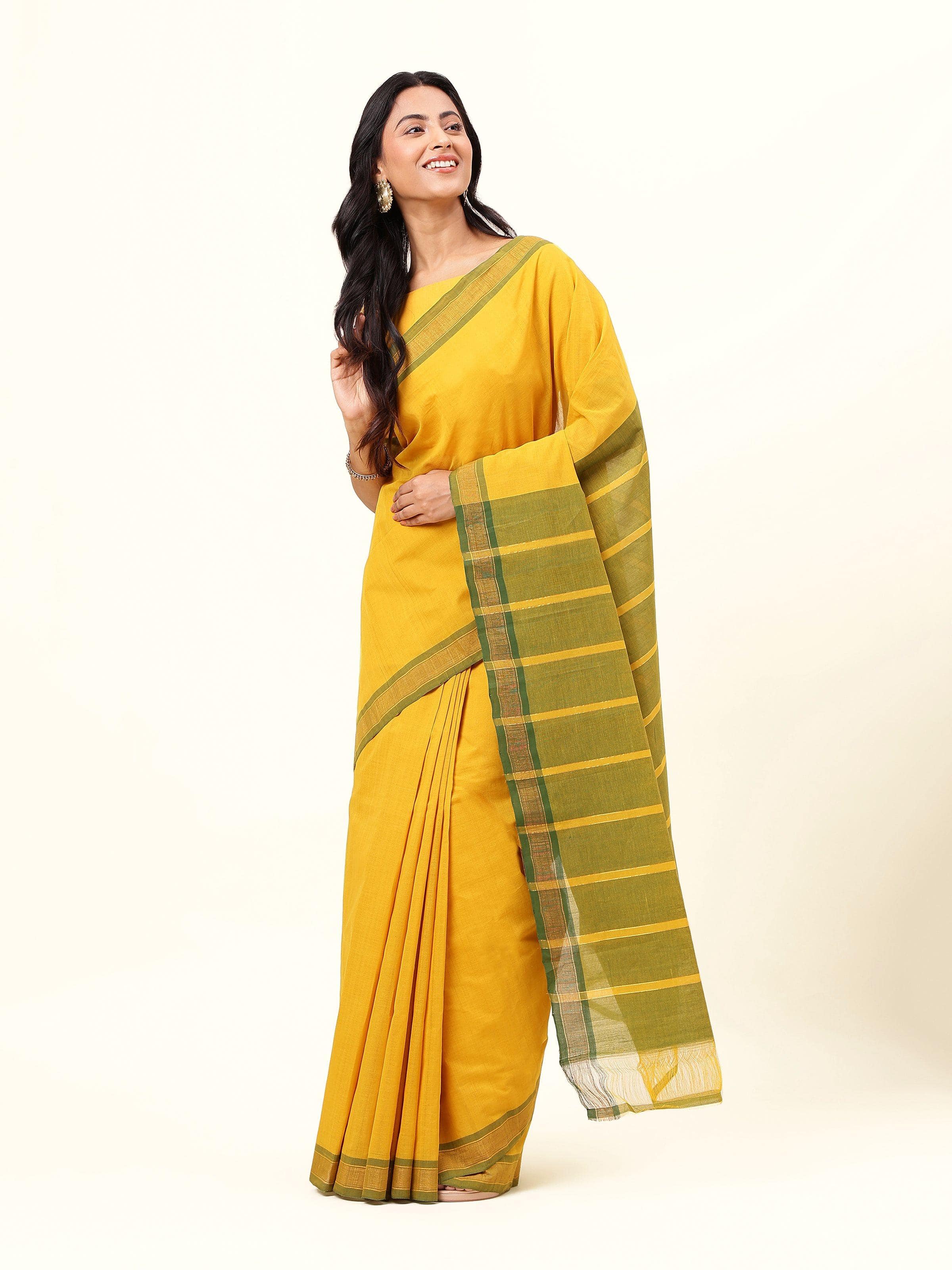 Back view of Mustard Cotton Mangalgiri Saree displaying bold mustard color and fine cotton weave.