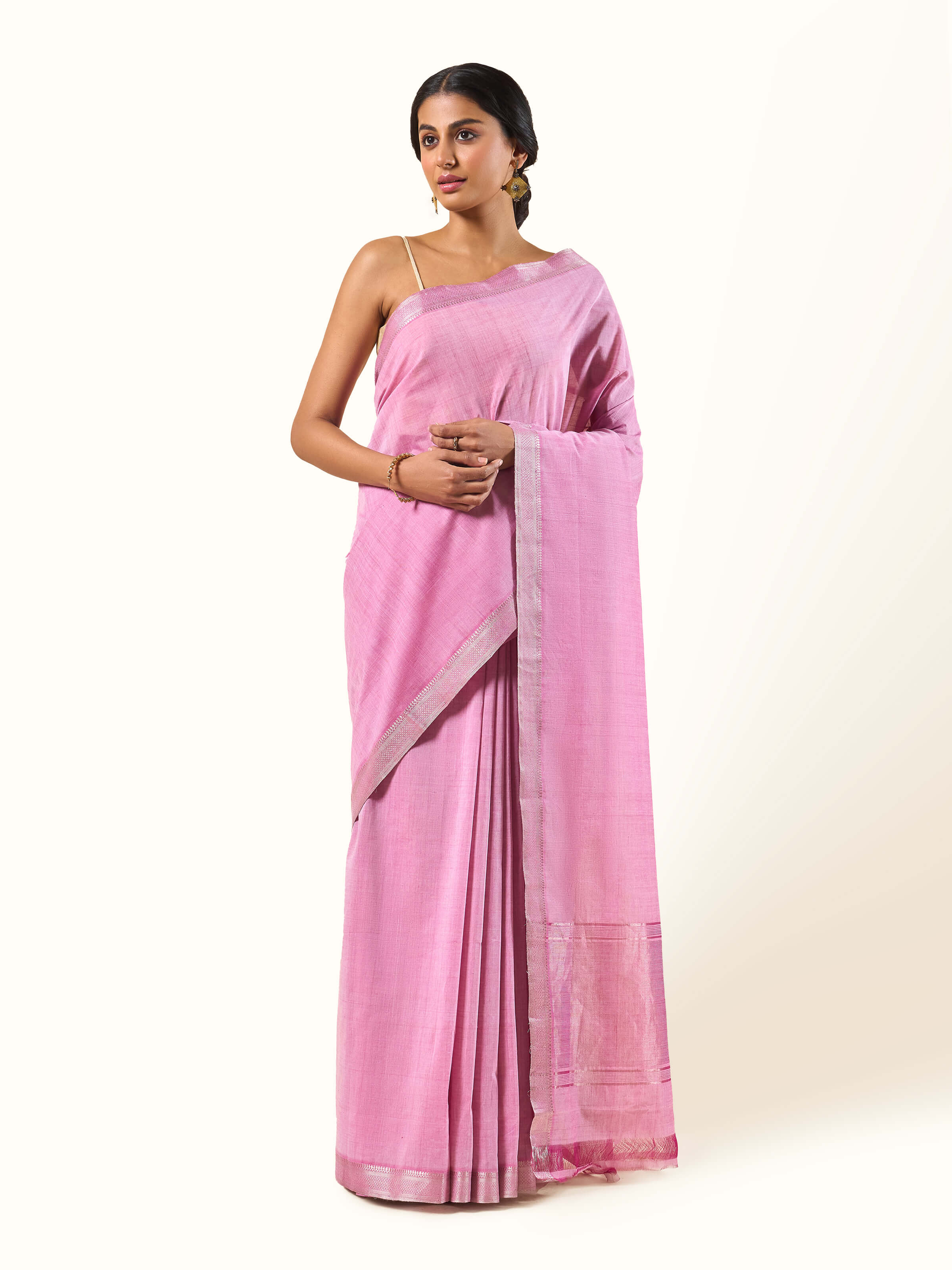 Front view of pink gossamer and cotton Mangalgiri saree with soft shimmer and border