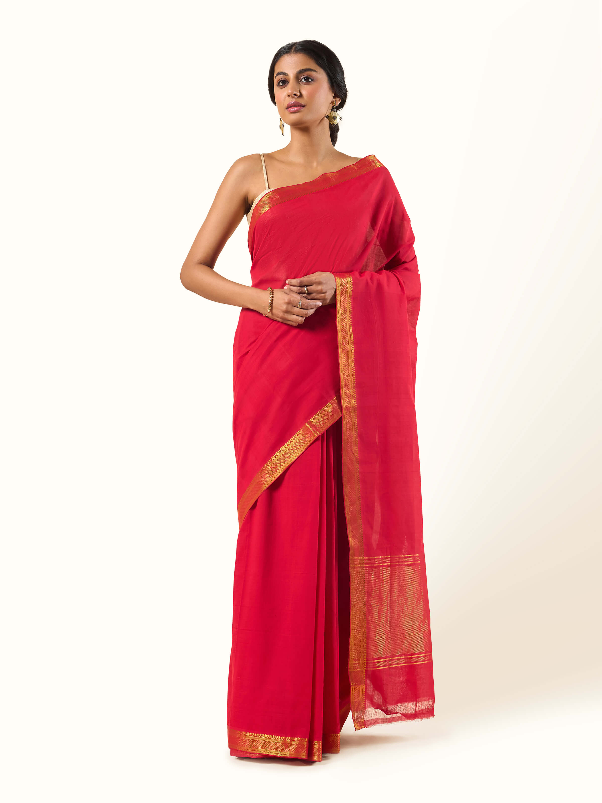 Front view of red Mangalgiri saree with gossamer and cotton blend in lustrous weave