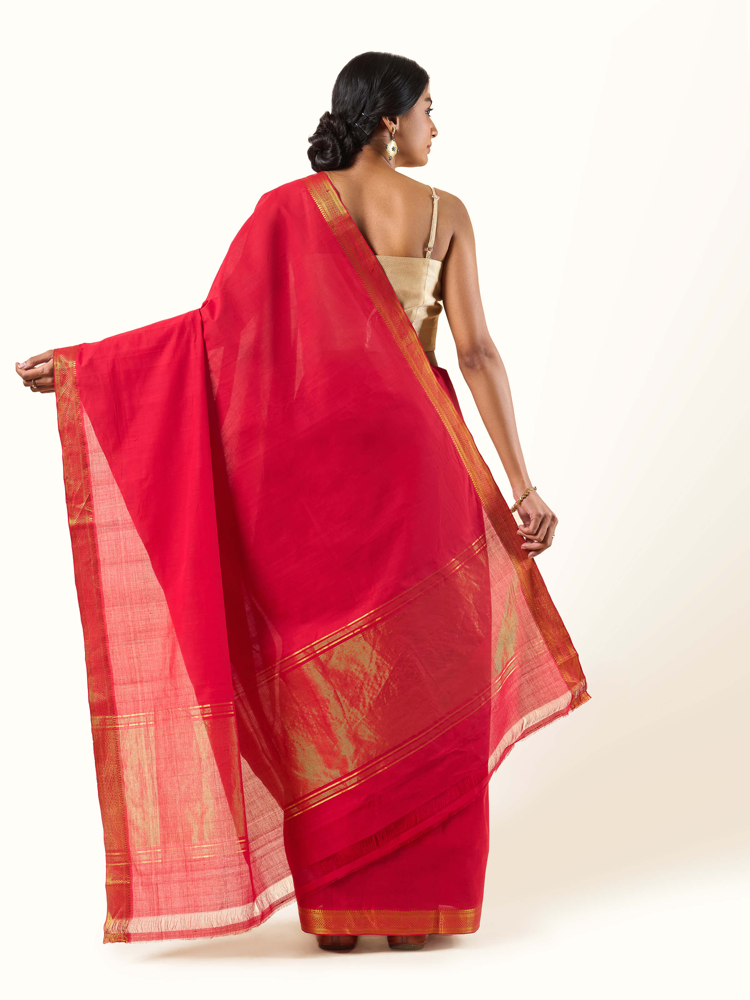 Back view of saree drape showing pleats, pallu fall, and fabric transparency