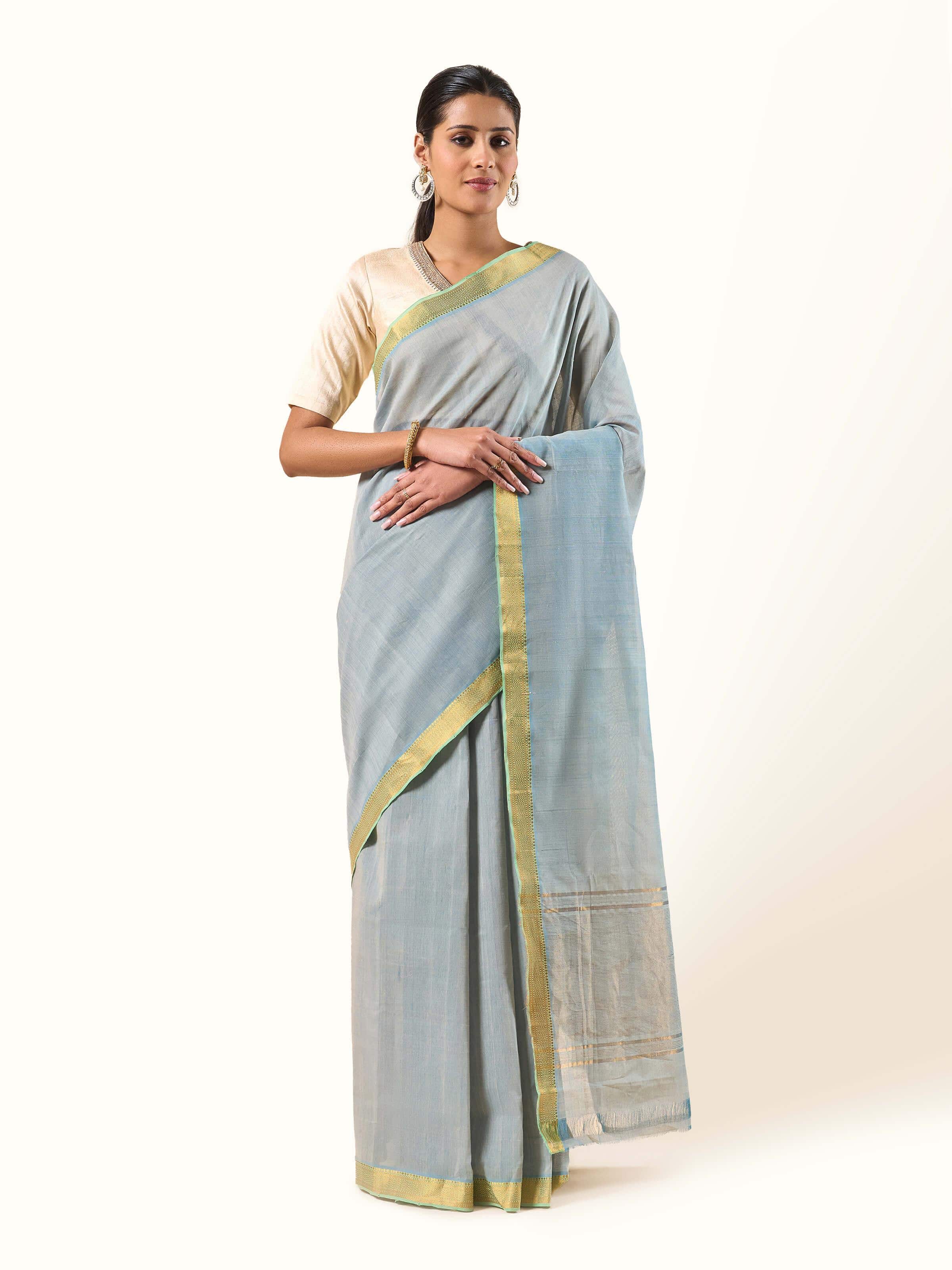 Front view of Light Blue Cotton Mangalgiri Saree displaying soft cotton fabric and pastel hue.