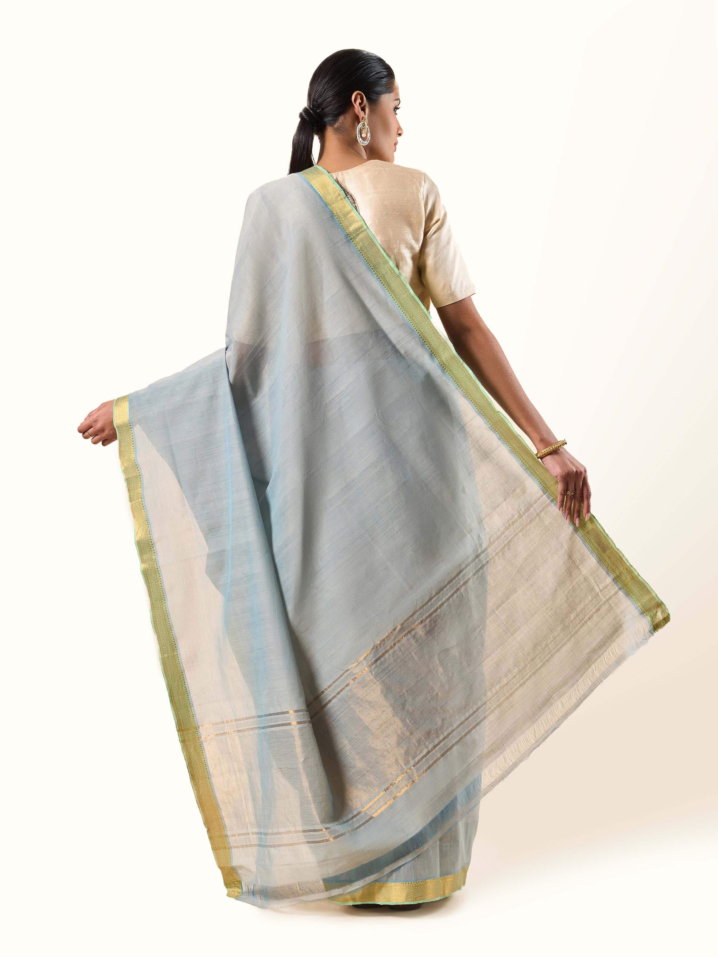 Back view of Light Blue Cotton Mangalgiri Saree showing pleats and fall.