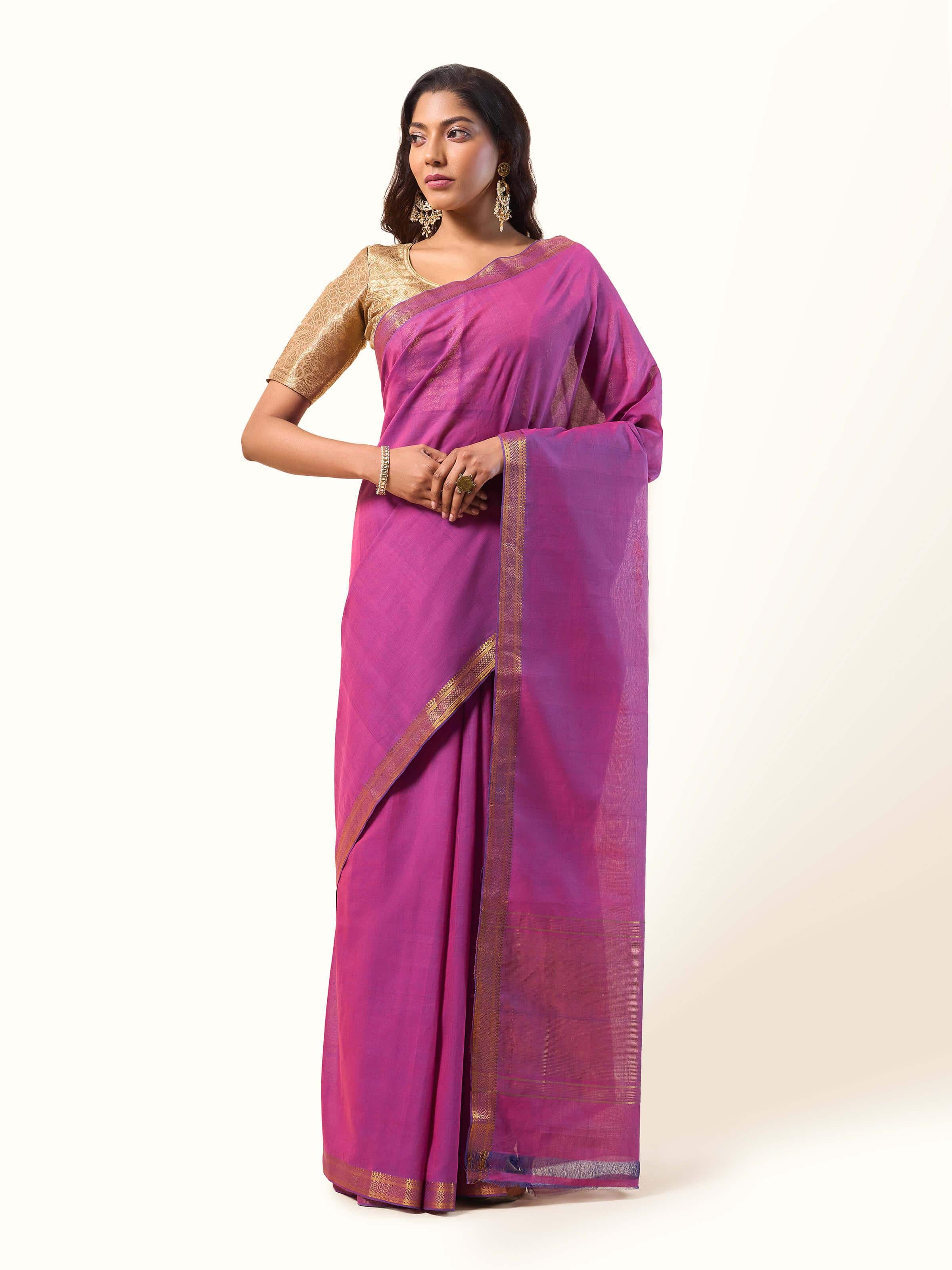 Front view of purple cotton Mangalgiri saree with fine striped texture