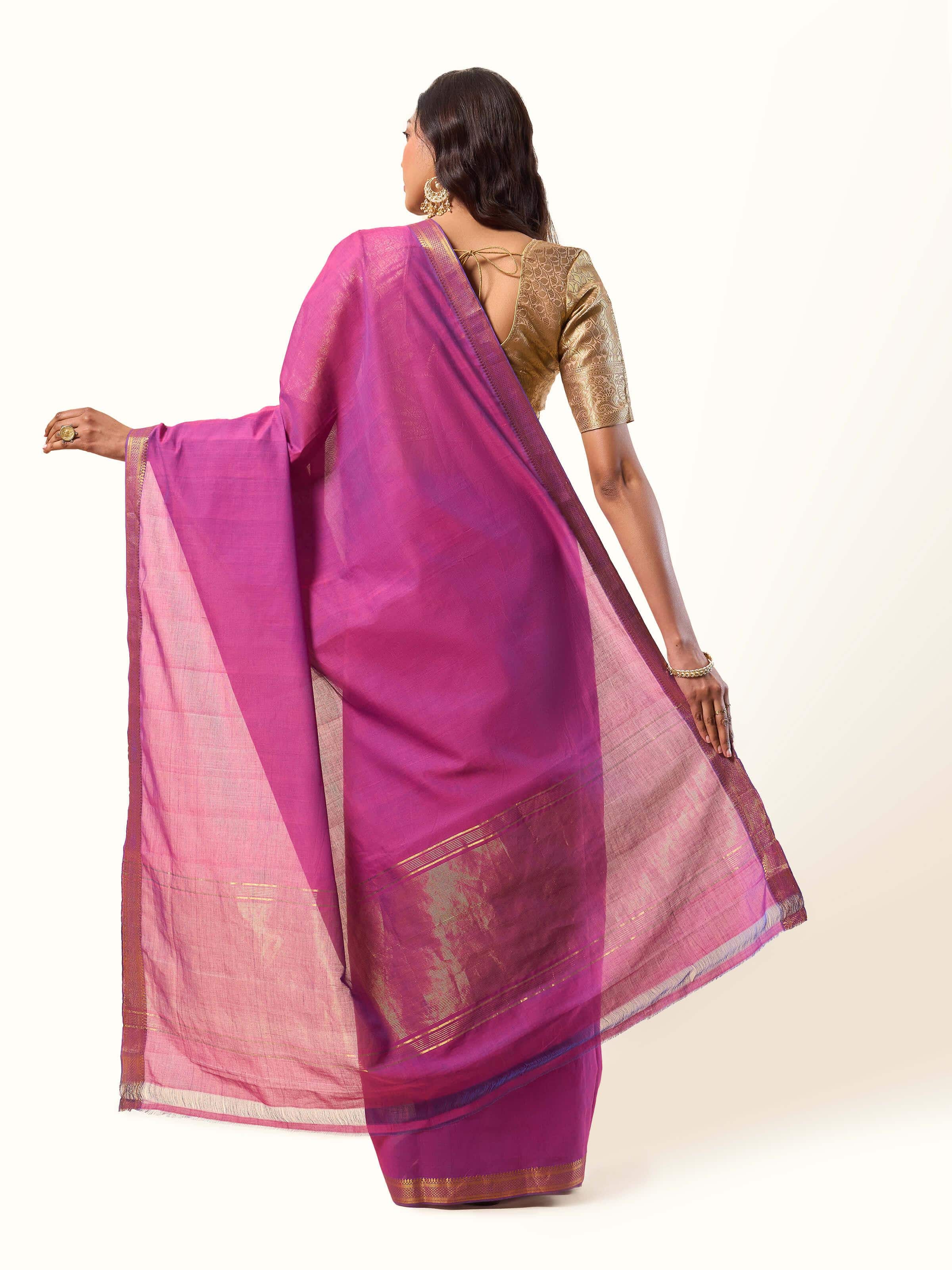 Back view of purple Mangalgiri saree highlighting elegant fall