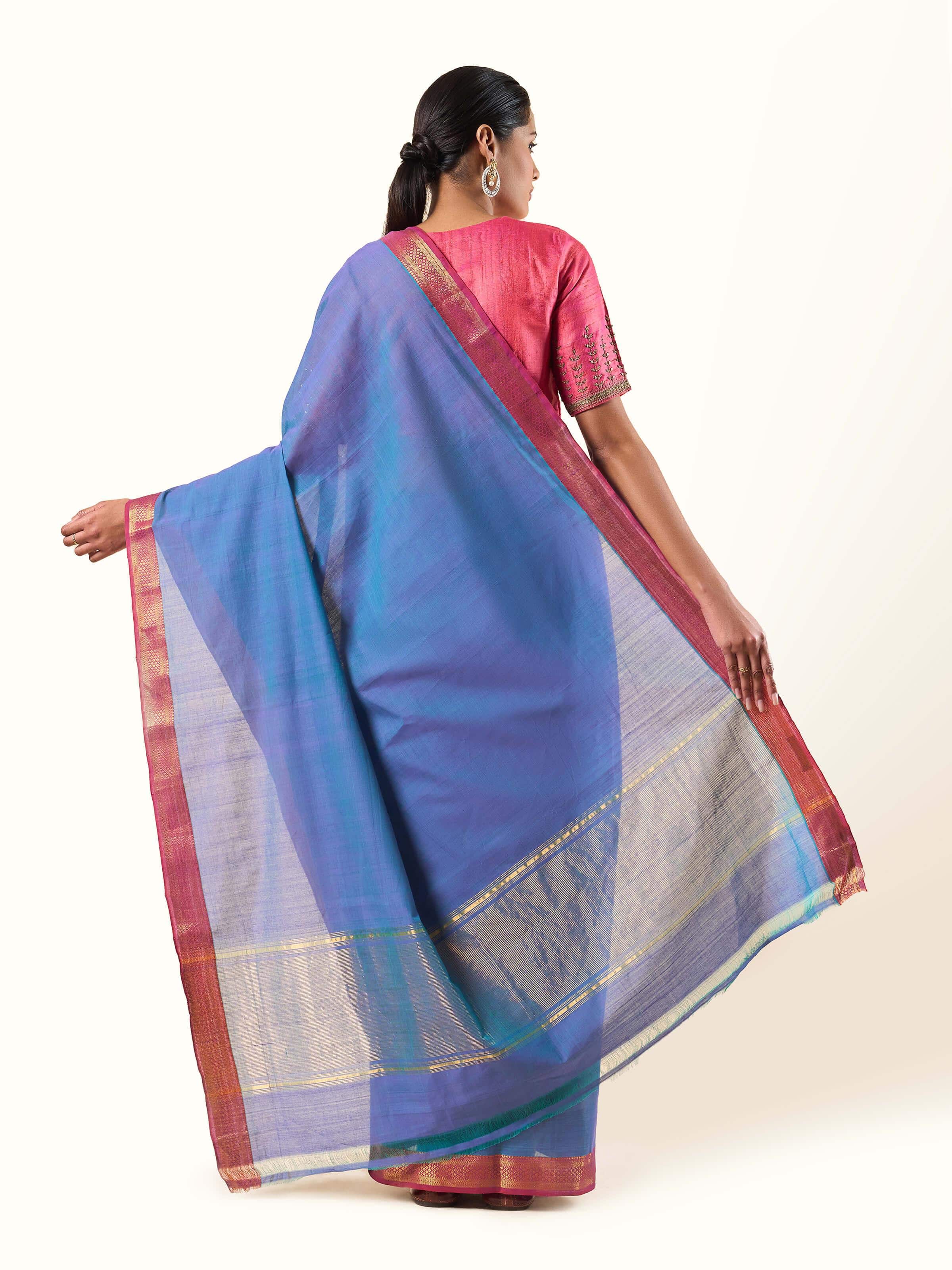 Back view of Mangalgiri saree displaying pallu design and drape over shoulder.