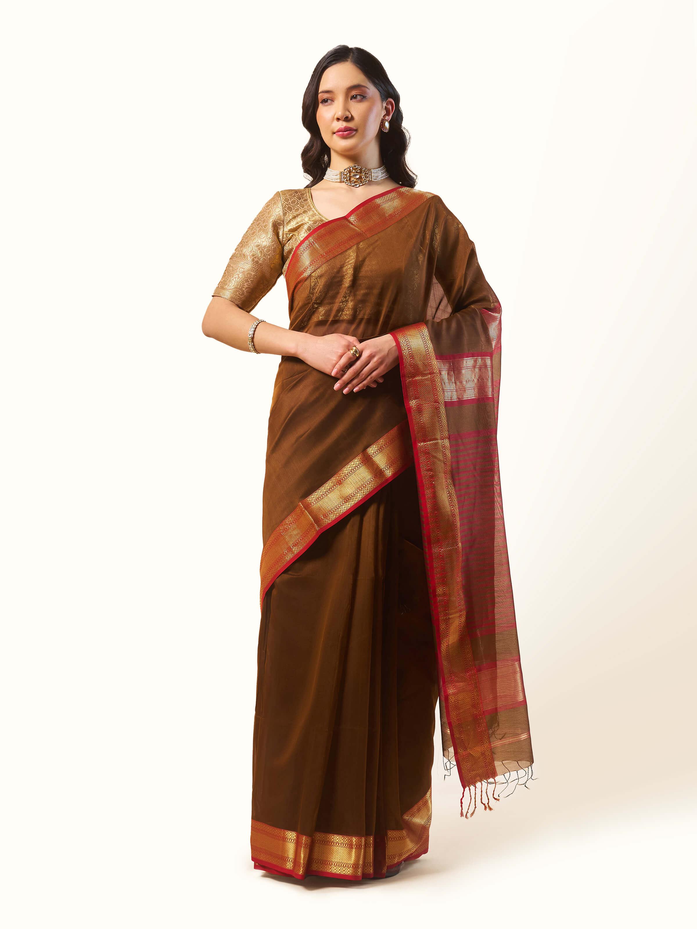 Brown Gossamer & Cotton Silk Maheshwari Saree