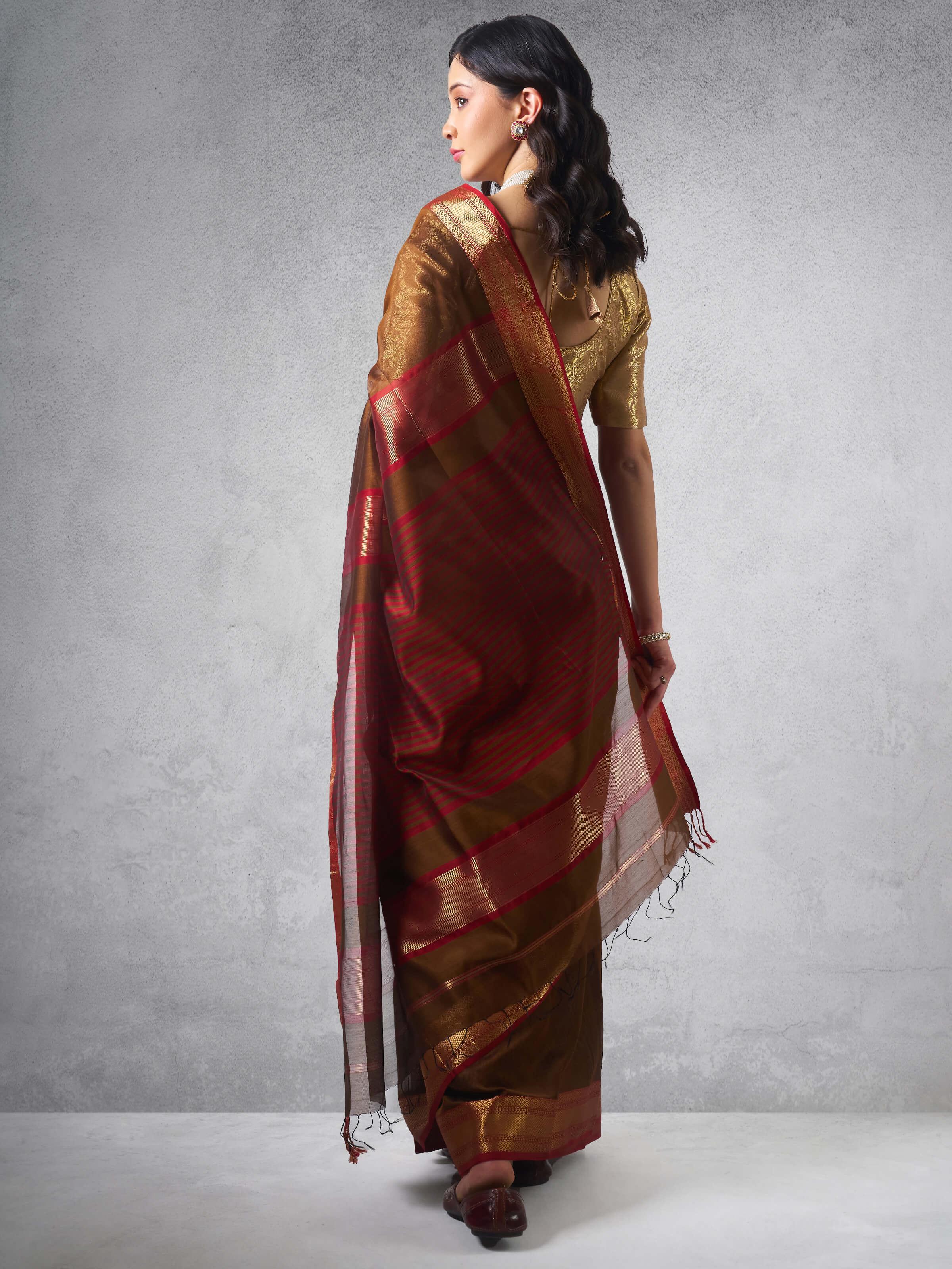 Brown Gossamer & Cotton Silk Maheshwari Saree