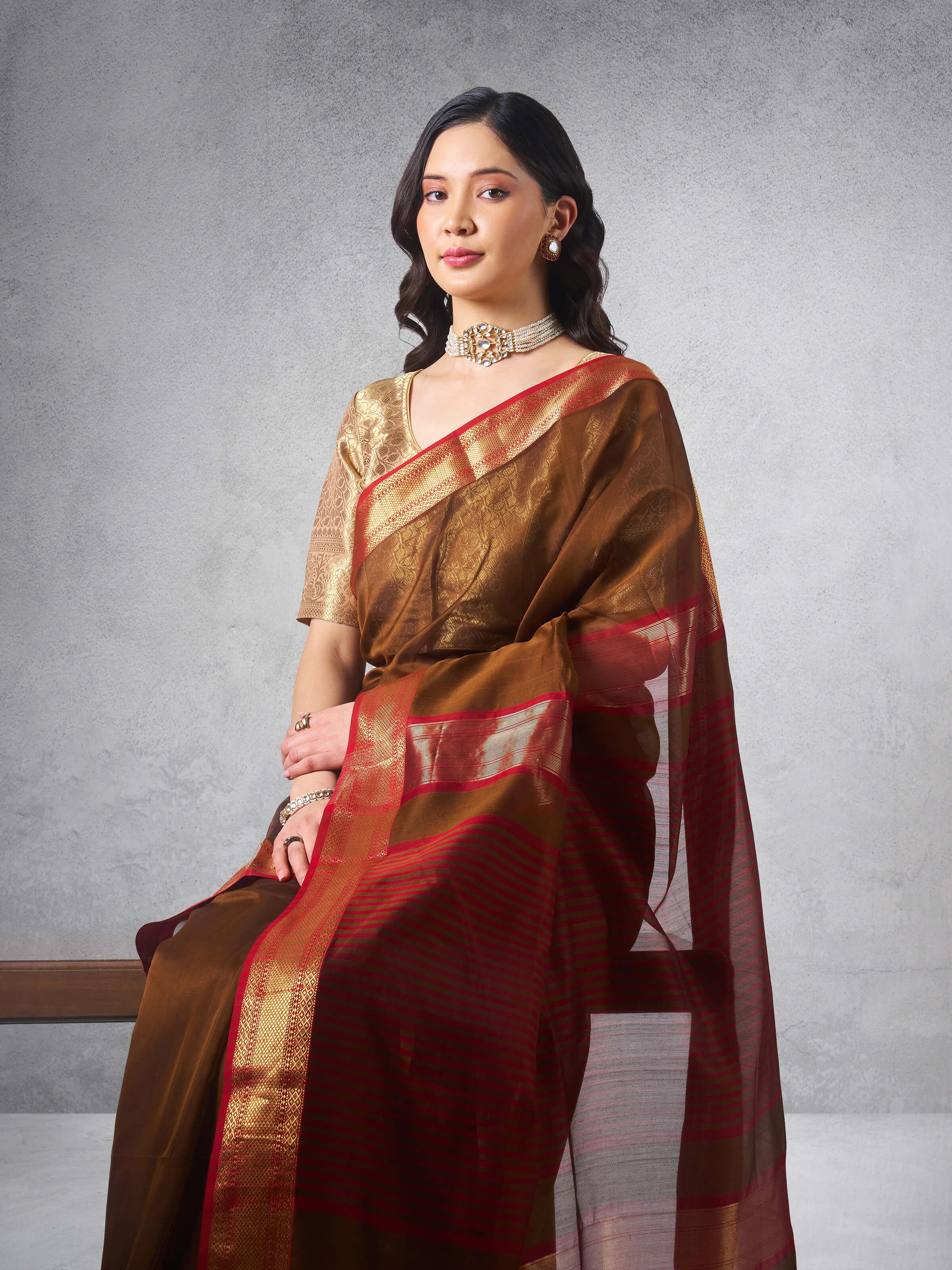 Brown Gossamer & Cotton Silk Maheshwari Saree