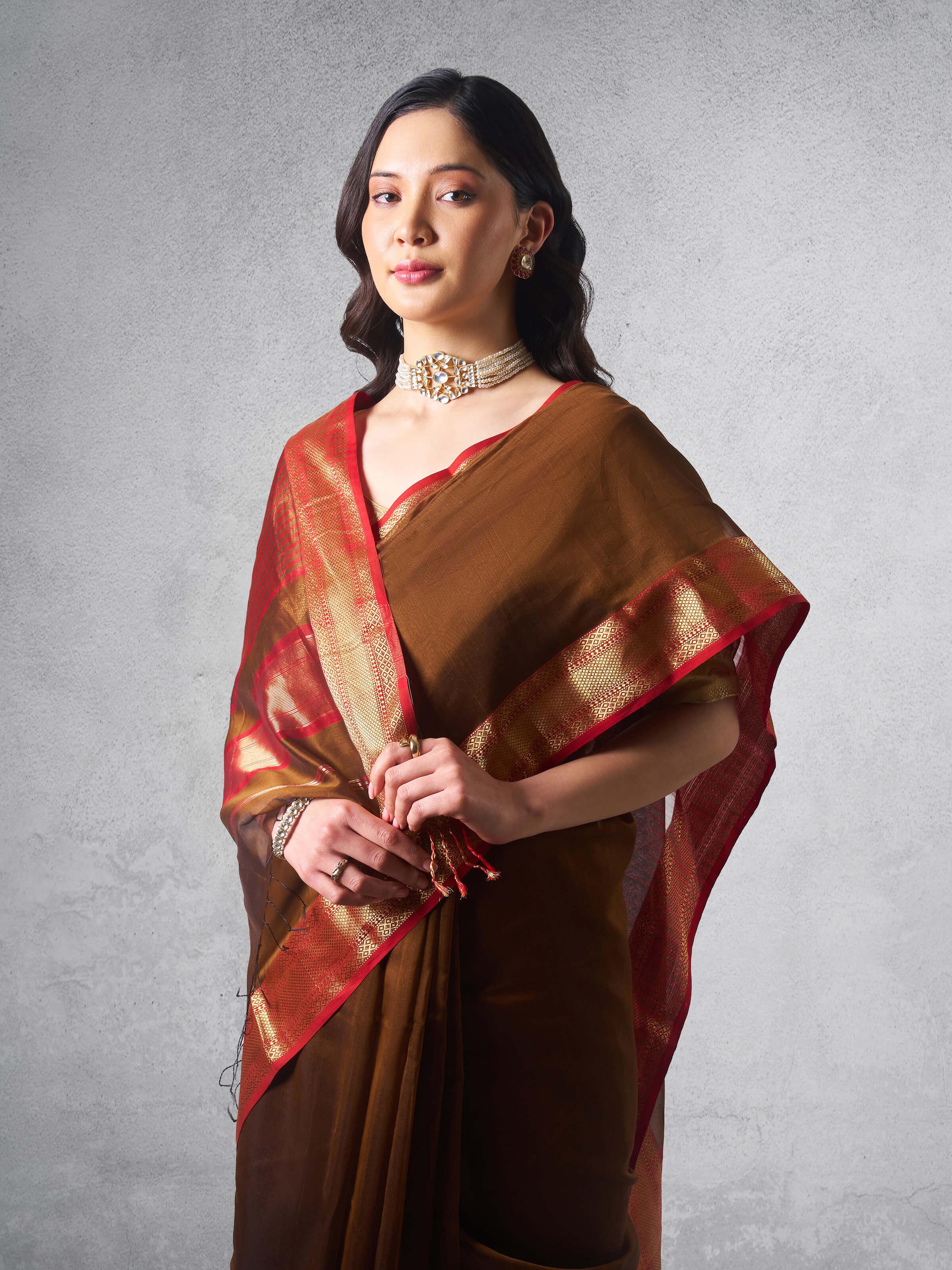 Brown Gossamer & Cotton Silk Maheshwari Saree