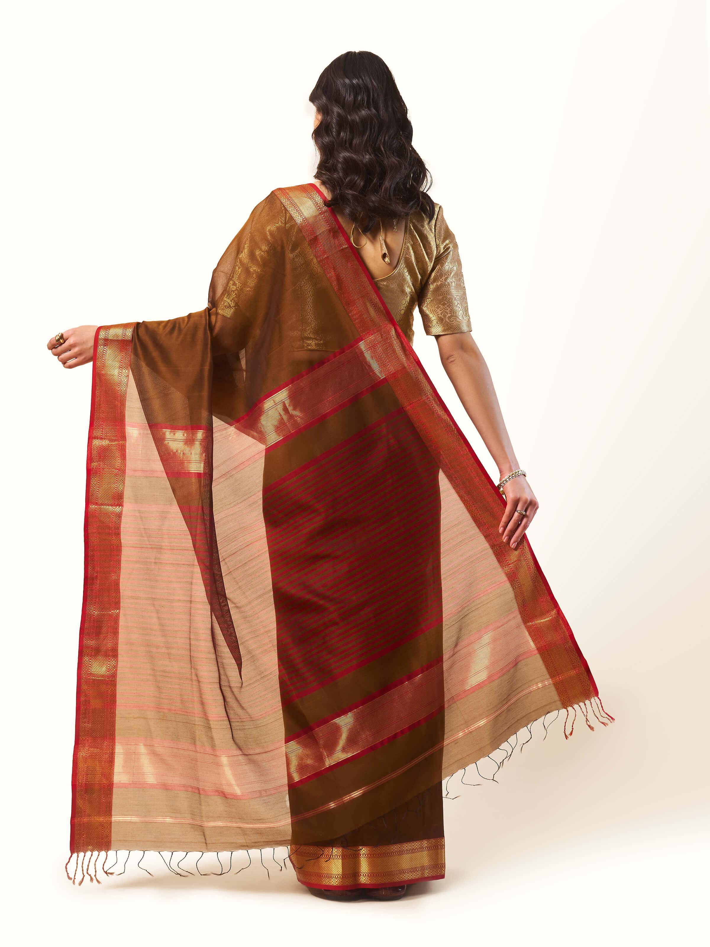 Brown Gossamer & Cotton Silk Maheshwari Saree