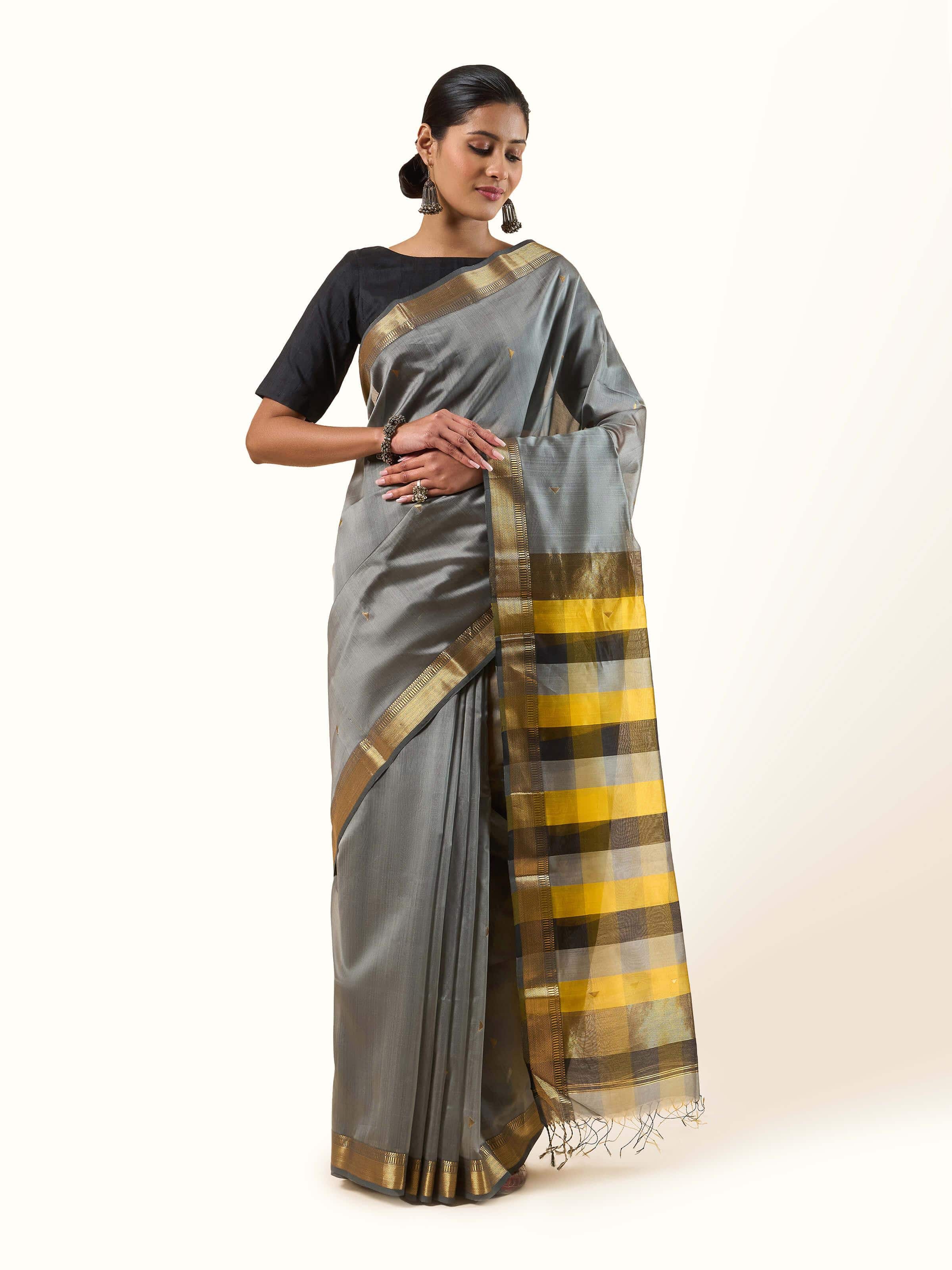 Grey Cotton Silk Maheshwari Saree