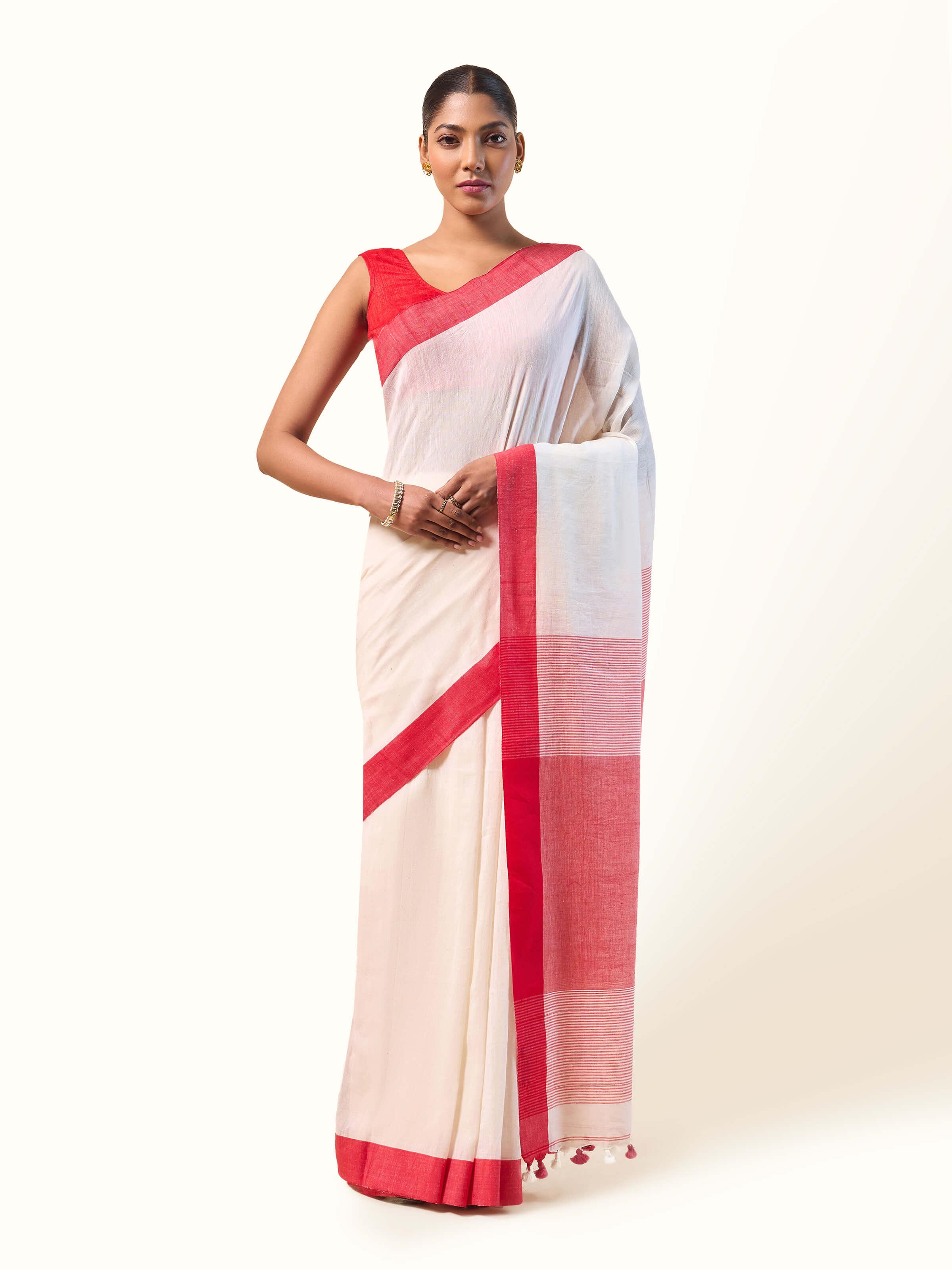 Front view of Cotton Bengal Saree showcasing its traditional weave and vibrant colors