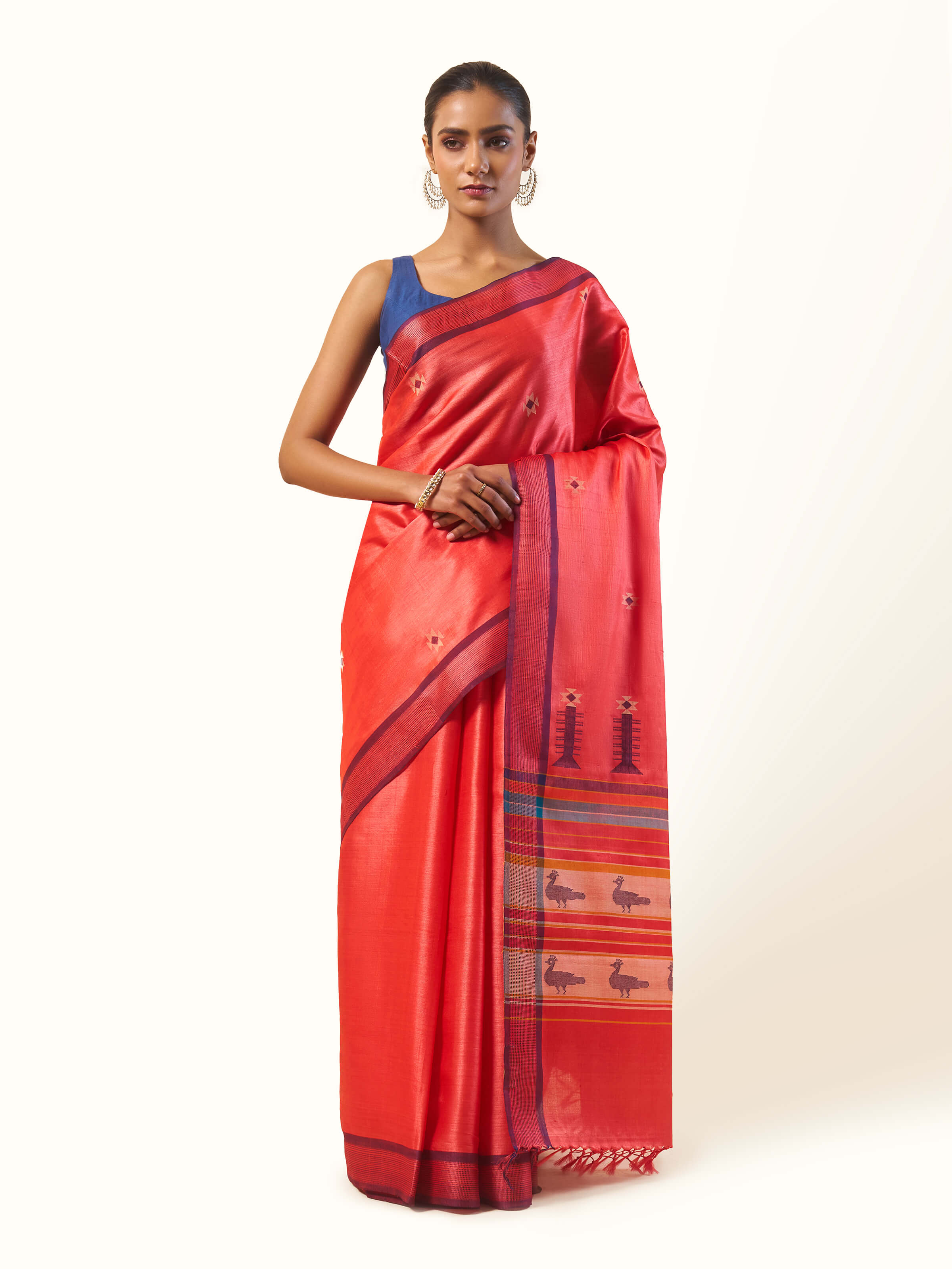 Red Orange Tussar Silk Extra-weft Saree