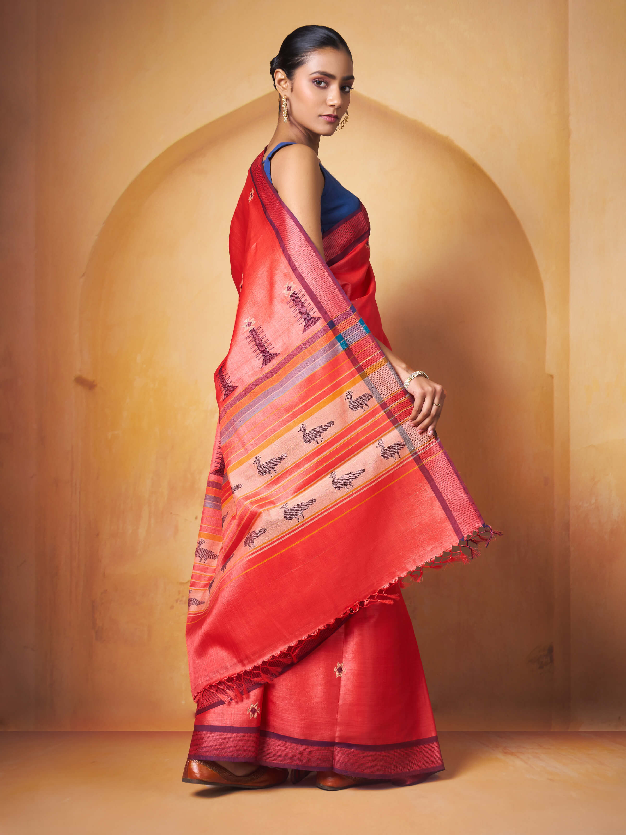 Red Orange Tussar Silk Extra-weft Saree