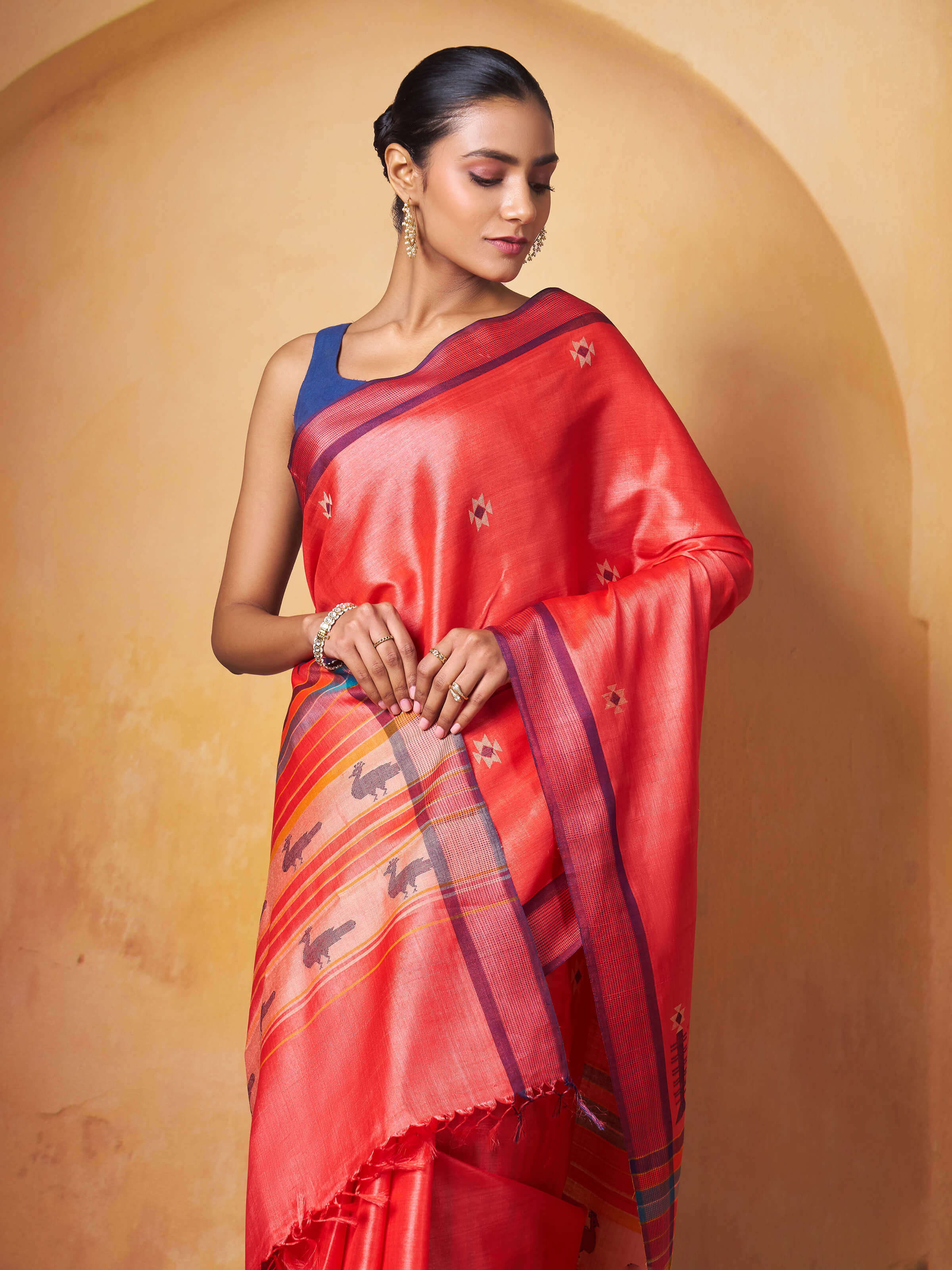 Red Orange Tussar Silk Extra-weft Saree
