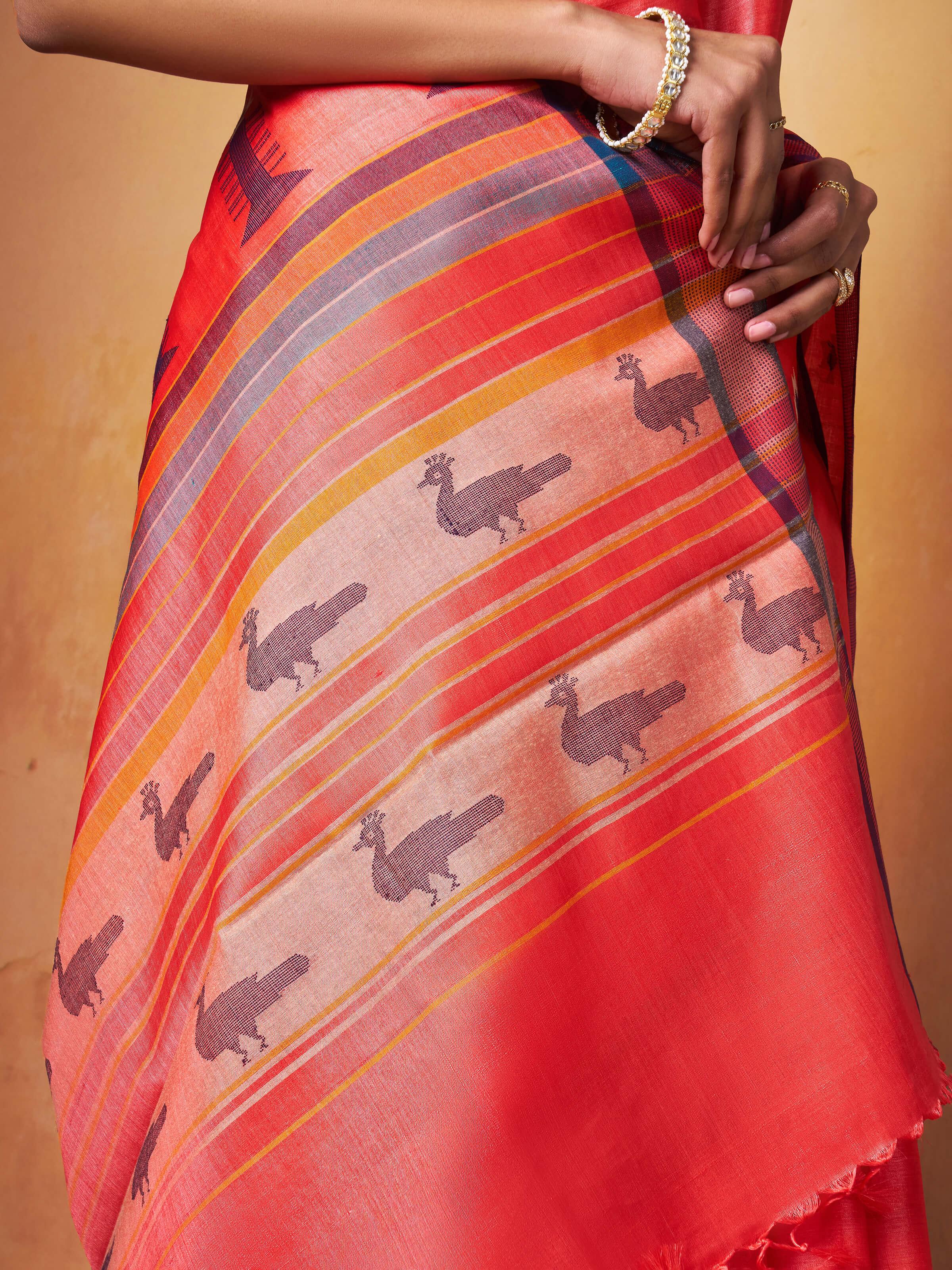 Red Orange Tussar Silk Extra-weft Saree