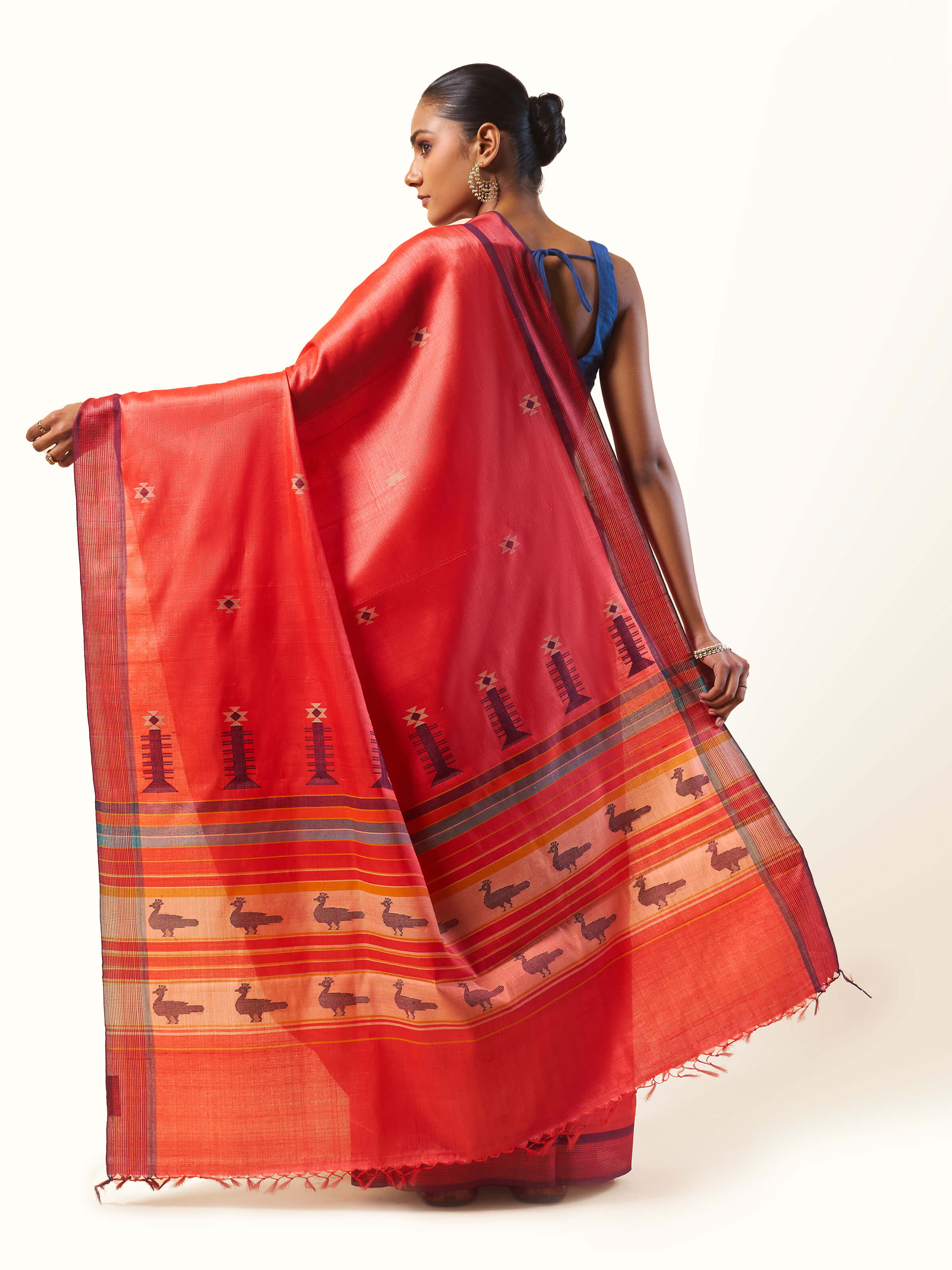 Red Orange Tussar Silk Extra-weft Saree