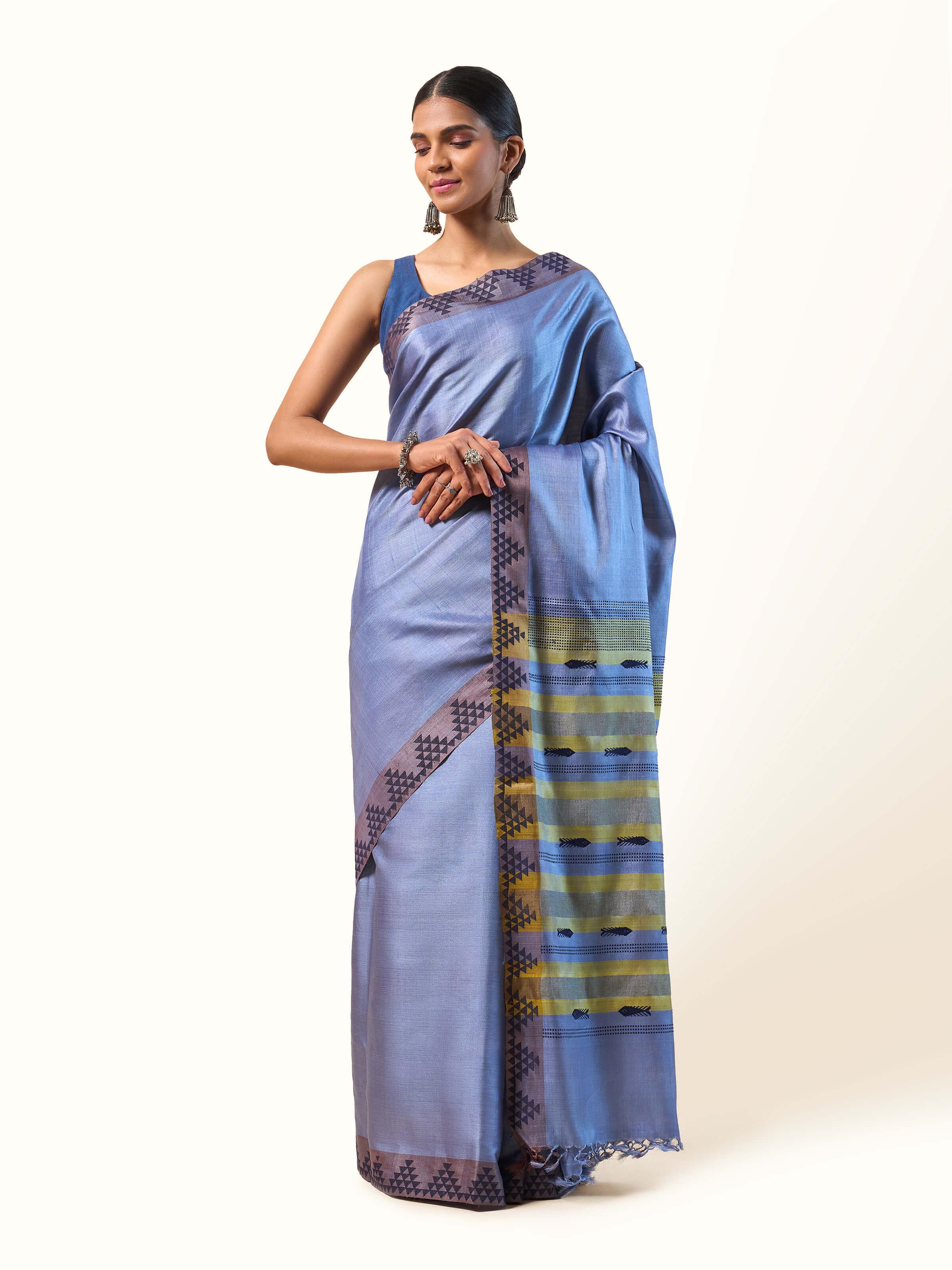 Light Blue Tussar Silk Extra-weft Saree