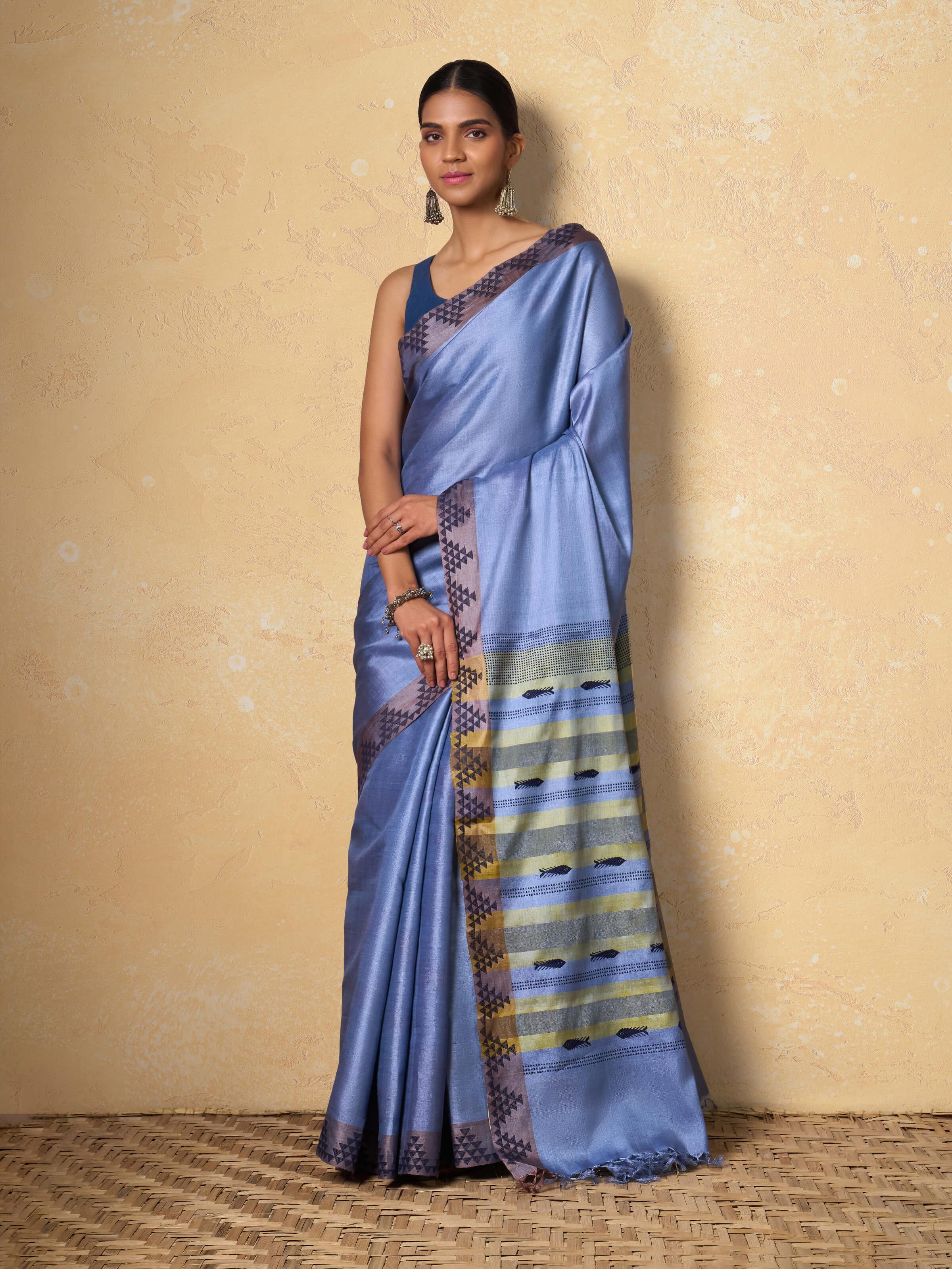Light Blue Tussar Silk Extra-weft Saree