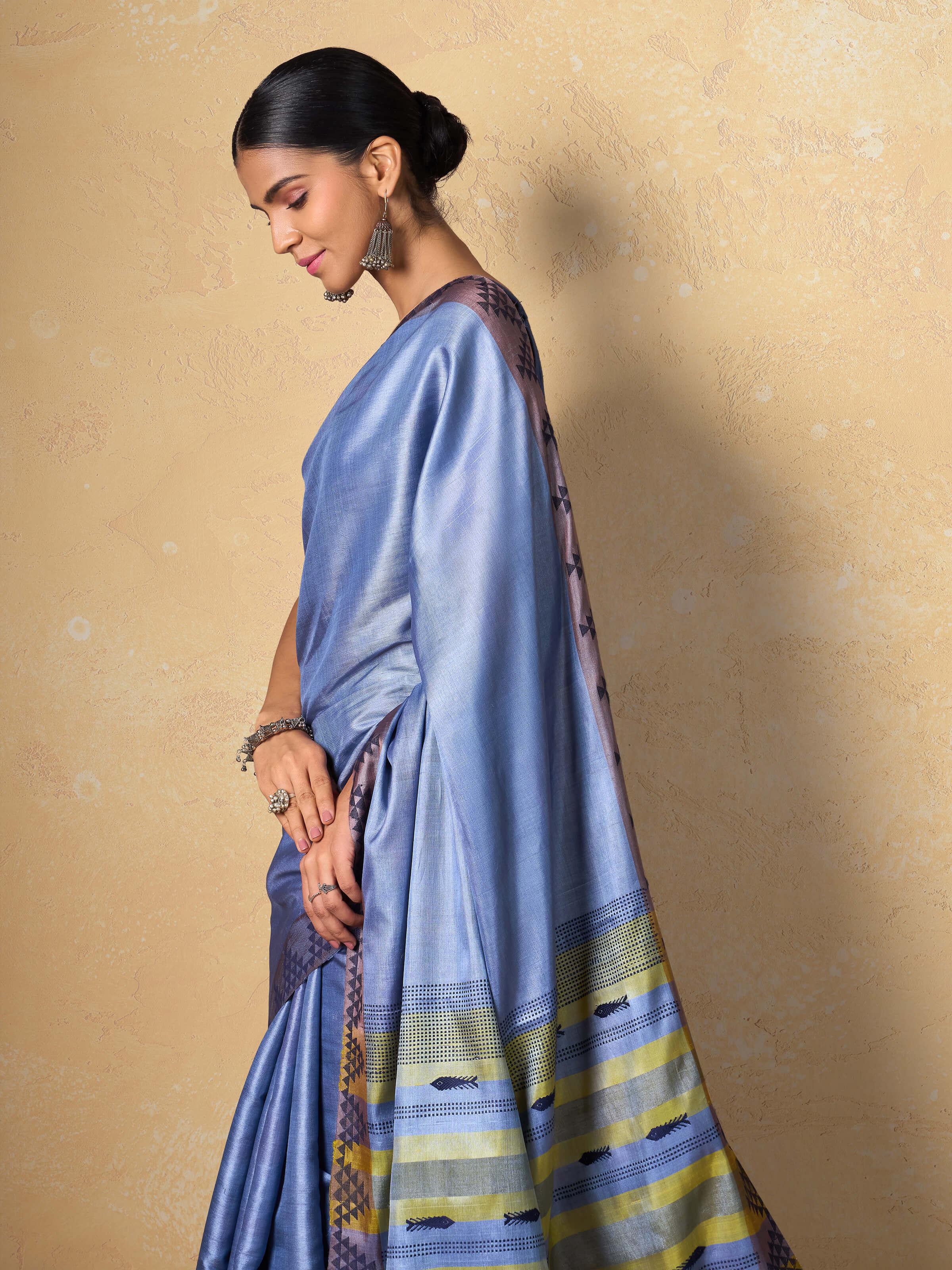 Light Blue Tussar Silk Extra-weft Saree
