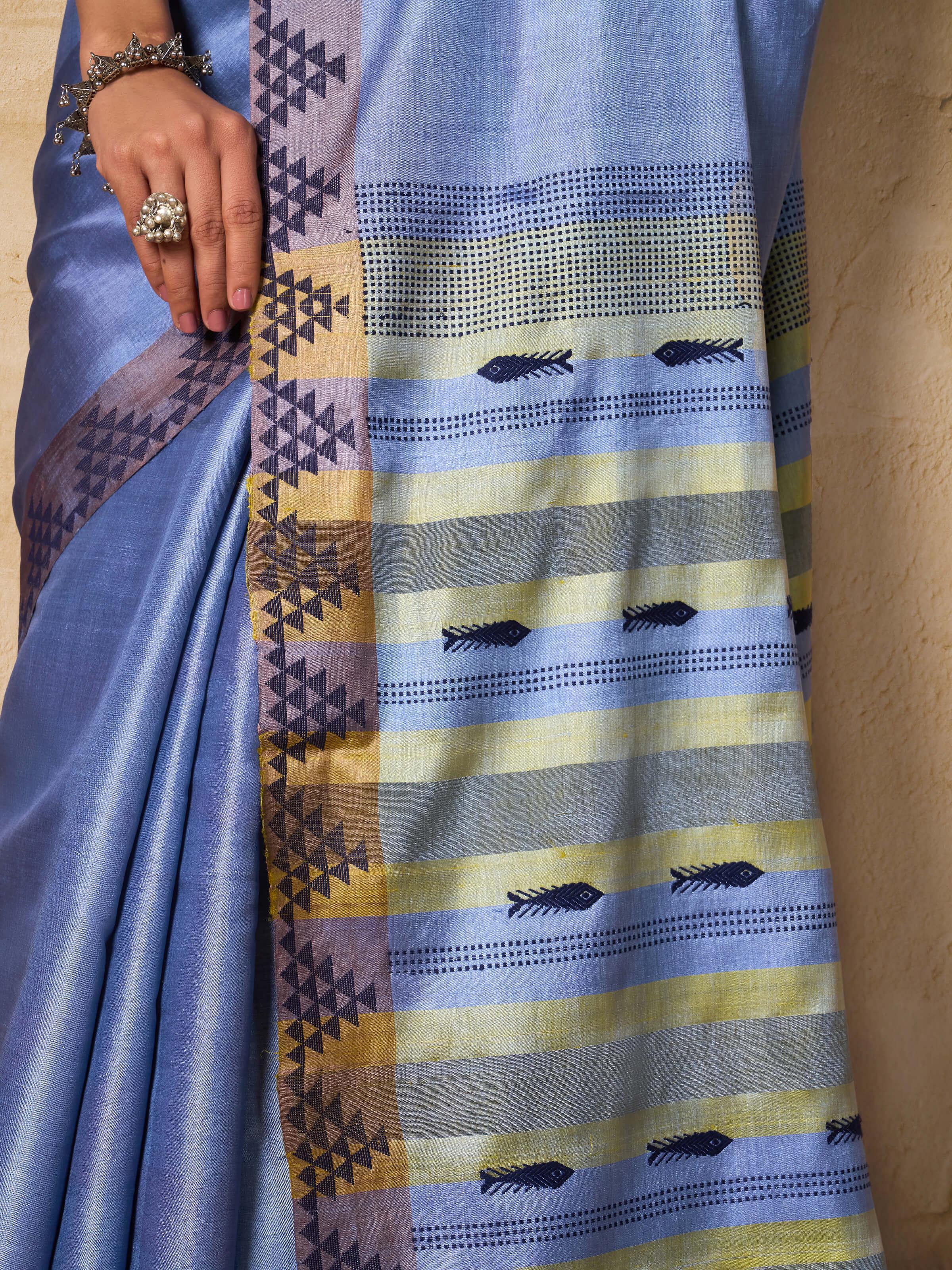 Light Blue Tussar Silk Extra-weft Saree